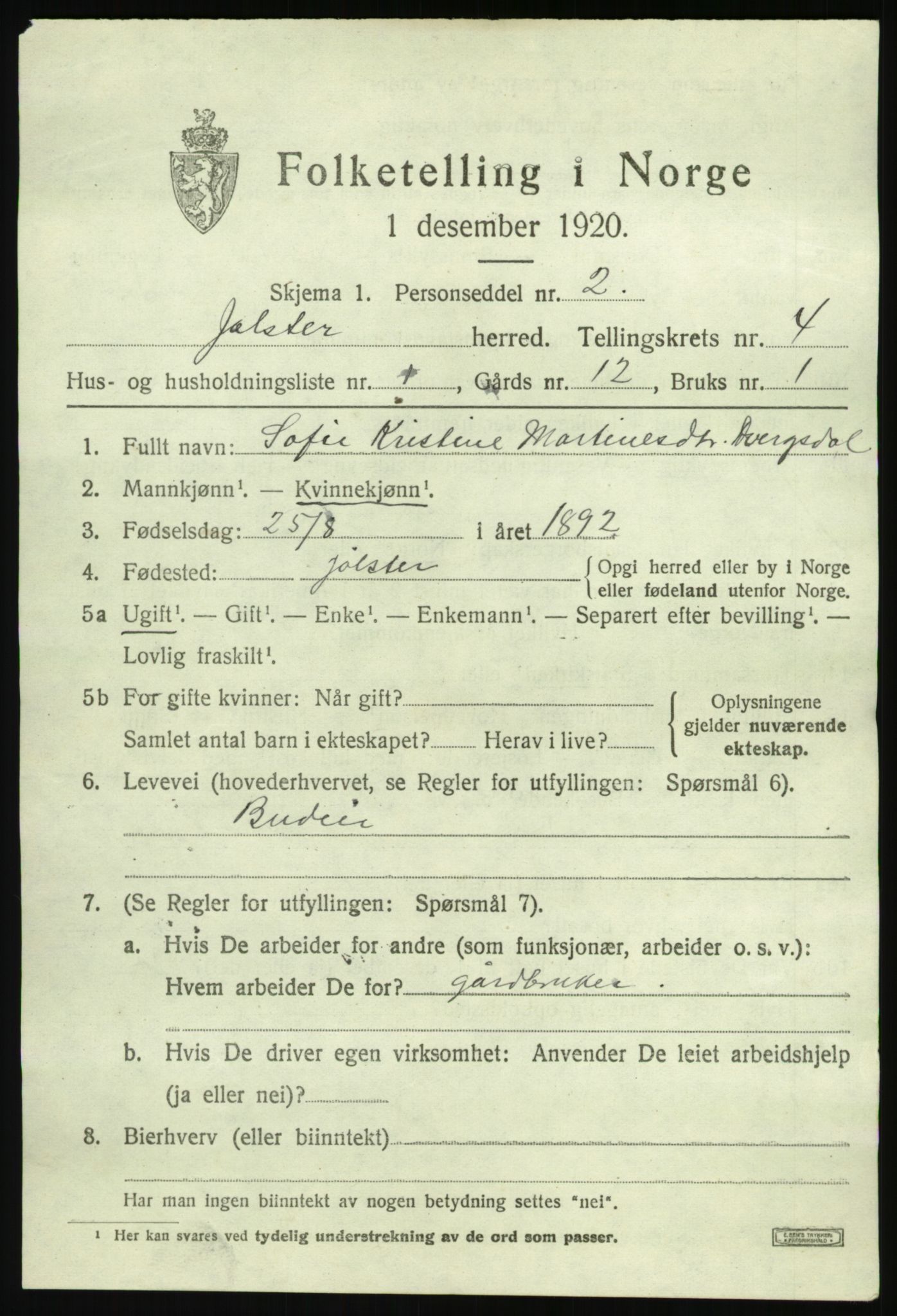 SAB, 1920 census for Jølster, 1920, p. 2372