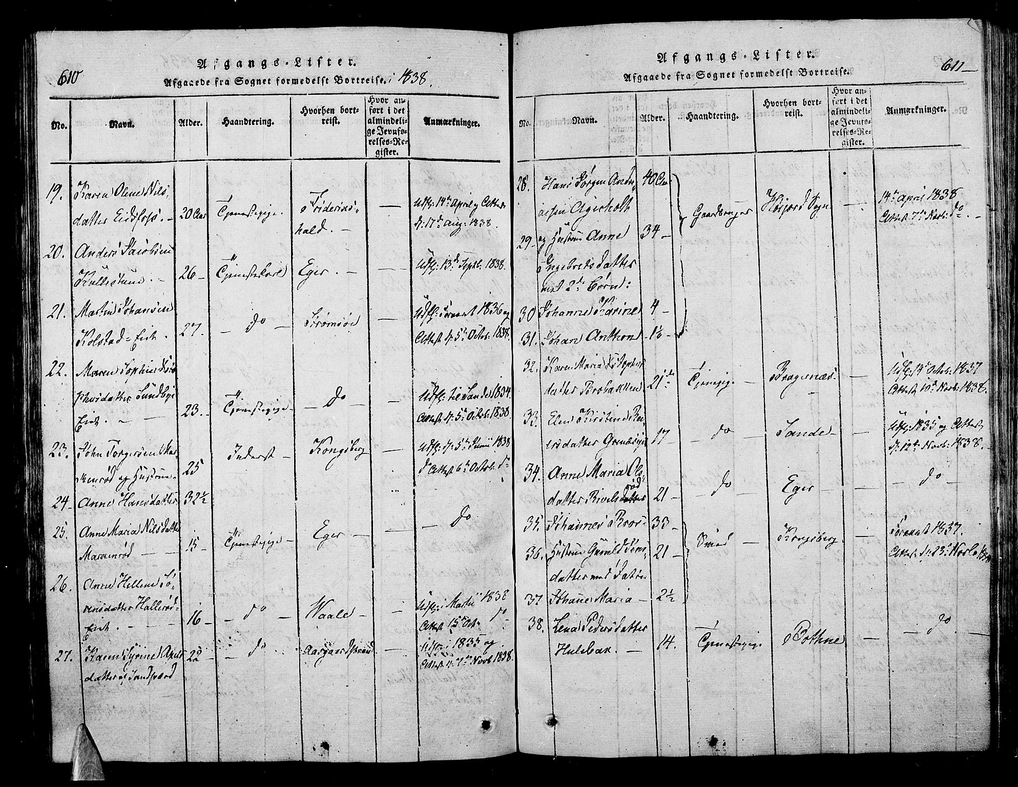 Hof kirkebøker, AV/SAKO-A-64/F/Fa/L0004: Parish register (official) no. I 4, 1814-1843, p. 610-611