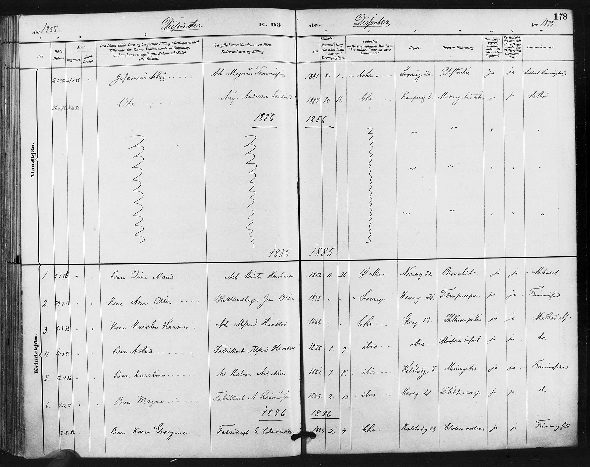 Kampen prestekontor Kirkebøker, SAO/A-10853/F/Fa/L0004: Parish register (official) no. I 4, 1885-1892, p. 178