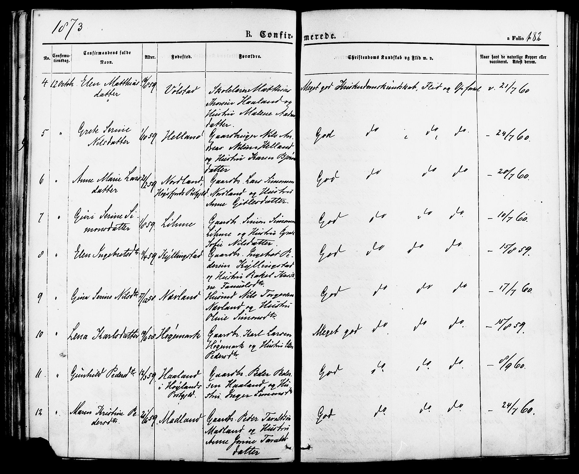 Lye sokneprestkontor, AV/SAST-A-101794/001/30BA/L0008: Parish register (official) no. A 7, 1872-1881, p. 182