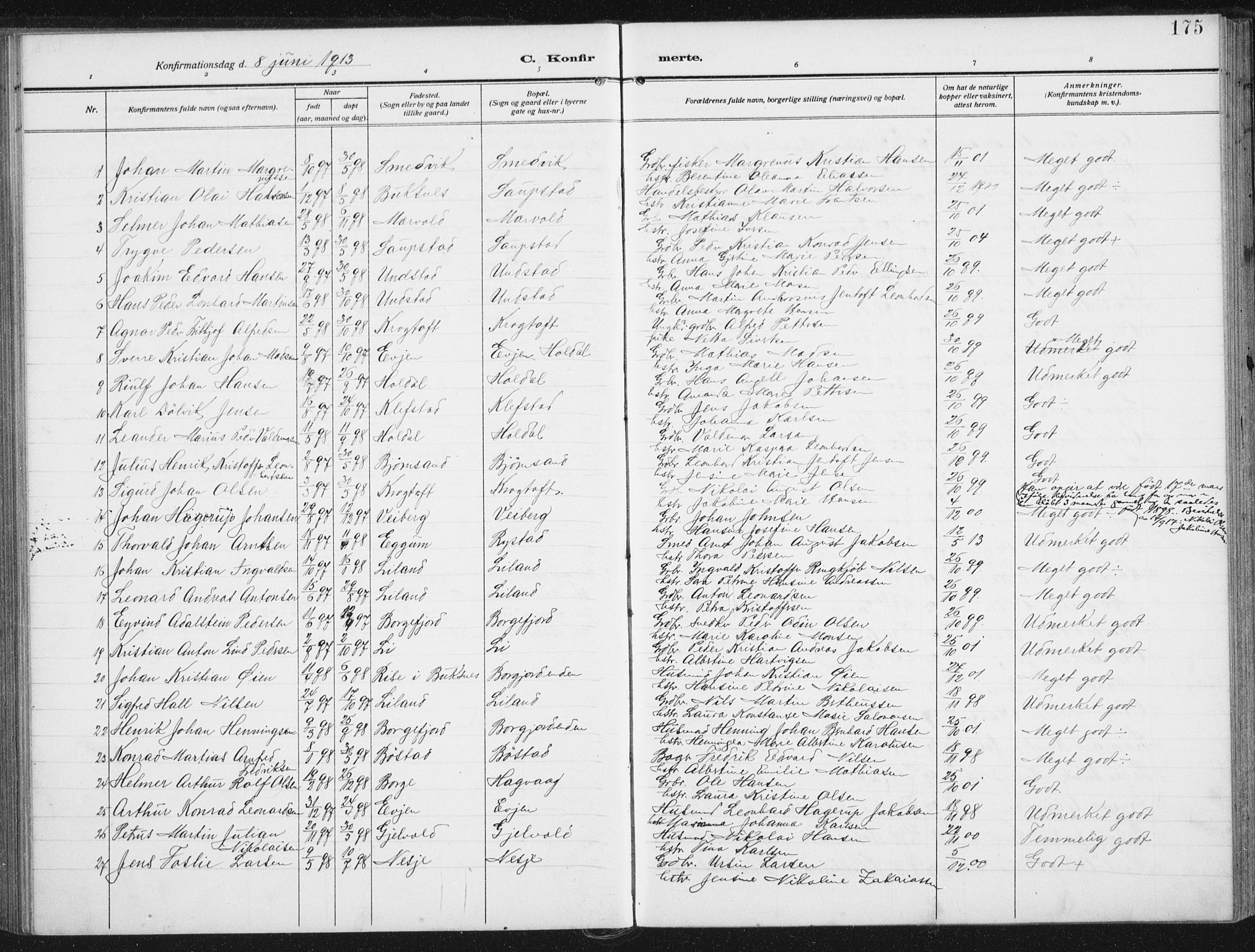 Ministerialprotokoller, klokkerbøker og fødselsregistre - Nordland, SAT/A-1459/880/L1135: Parish register (official) no. 880A09, 1908-1919, p. 175