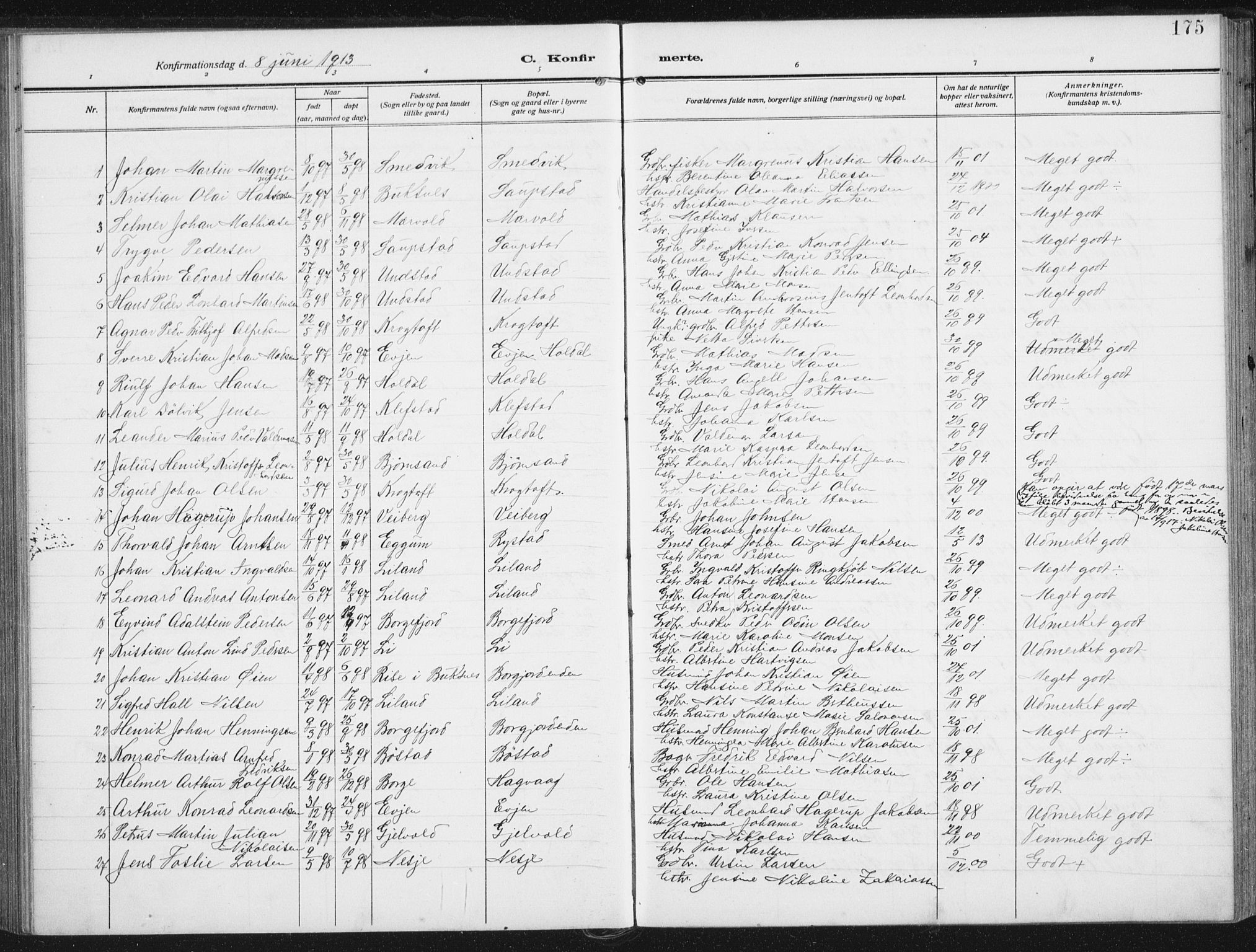 Ministerialprotokoller, klokkerbøker og fødselsregistre - Nordland, AV/SAT-A-1459/880/L1135: Parish register (official) no. 880A09, 1908-1919, p. 175