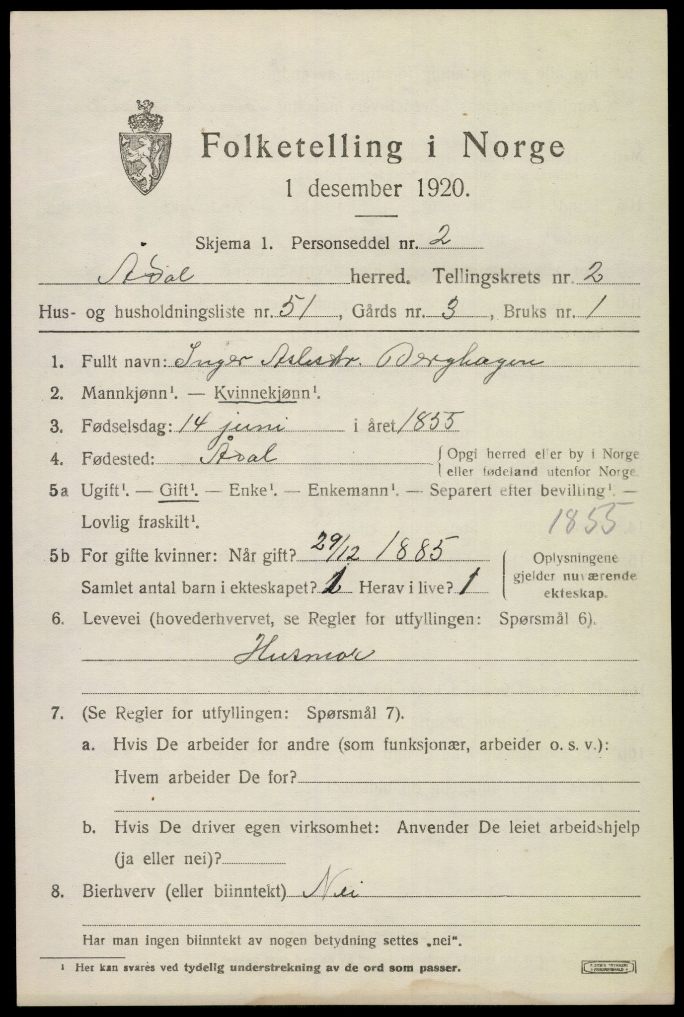 SAKO, 1920 census for Ådal, 1920, p. 2774