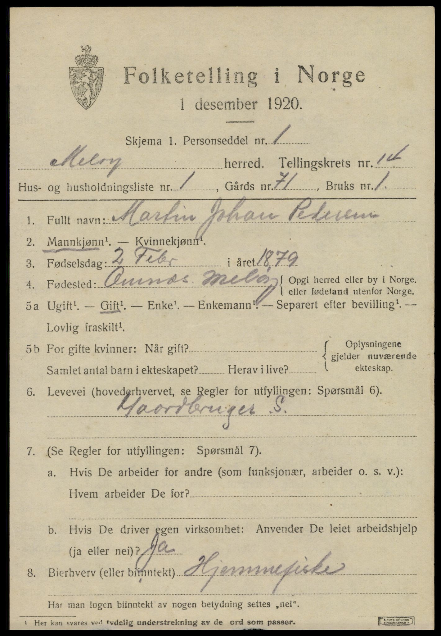 SAT, 1920 census for Meløy, 1920, p. 9147