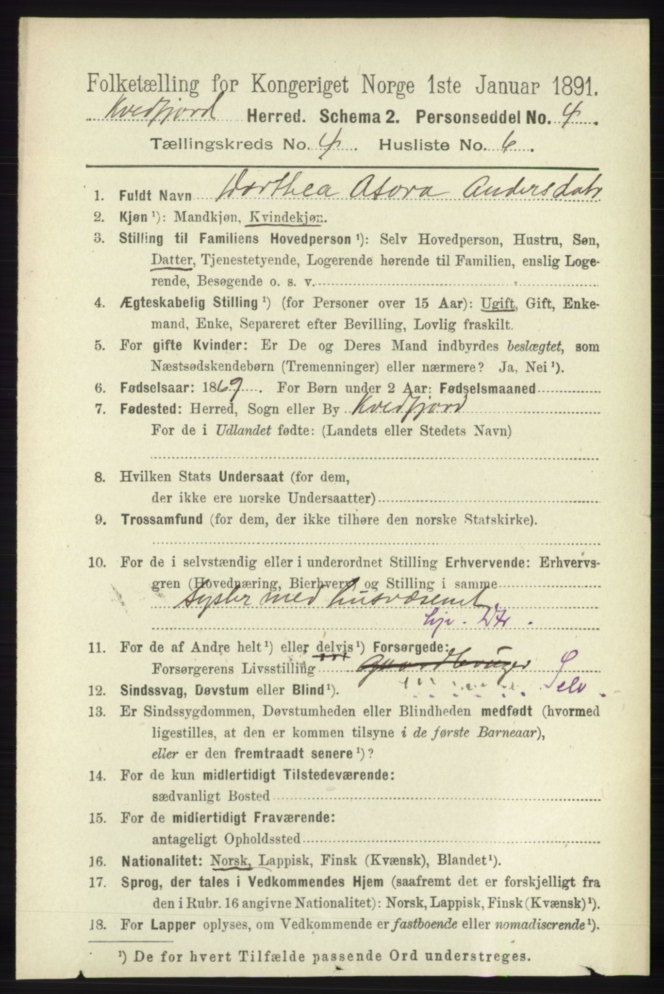 RA, 1891 census for 1911 Kvæfjord, 1891, p. 1924