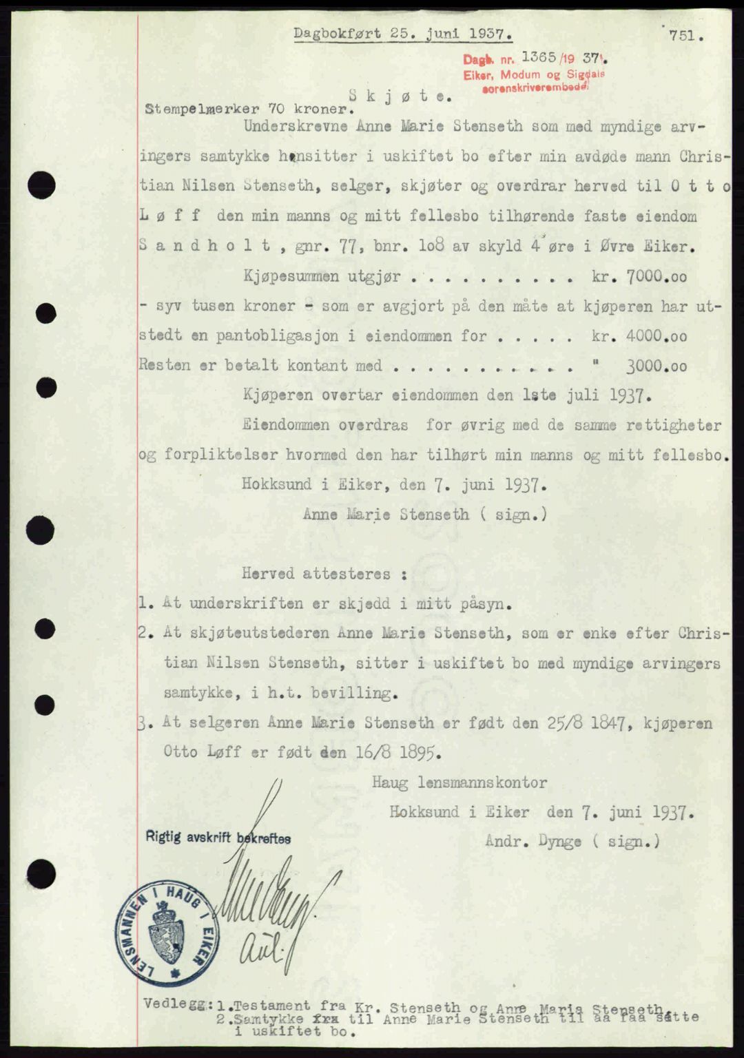 Eiker, Modum og Sigdal sorenskriveri, SAKO/A-123/G/Ga/Gab/L0035: Mortgage book no. A5, 1937-1937, Diary no: : 1365/1937