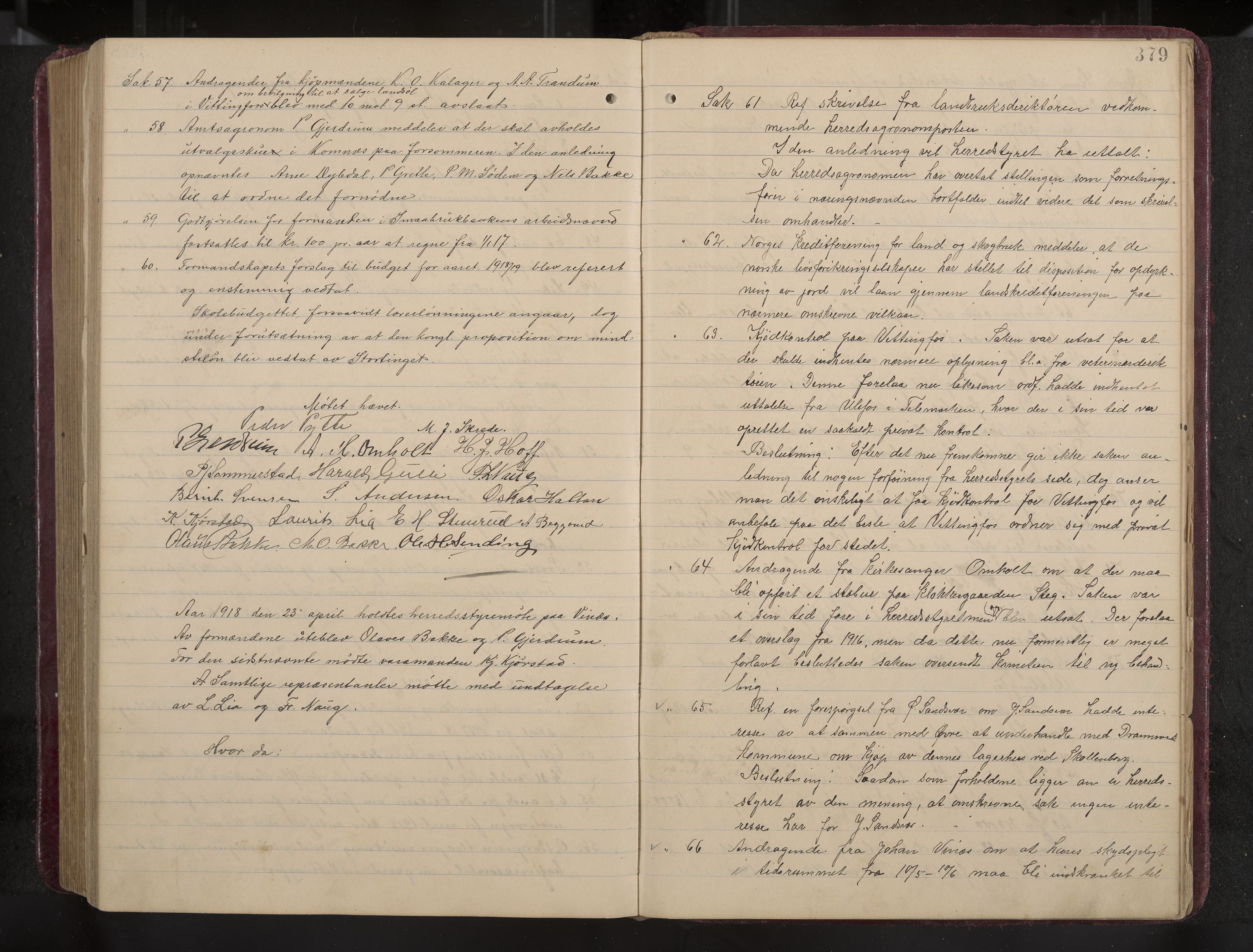 Ytre Sandsvær formannskap og sentraladministrasjon, IKAK/0629021/A/Aa/L0001: Møtebok med register, 1902-1919, p. 379