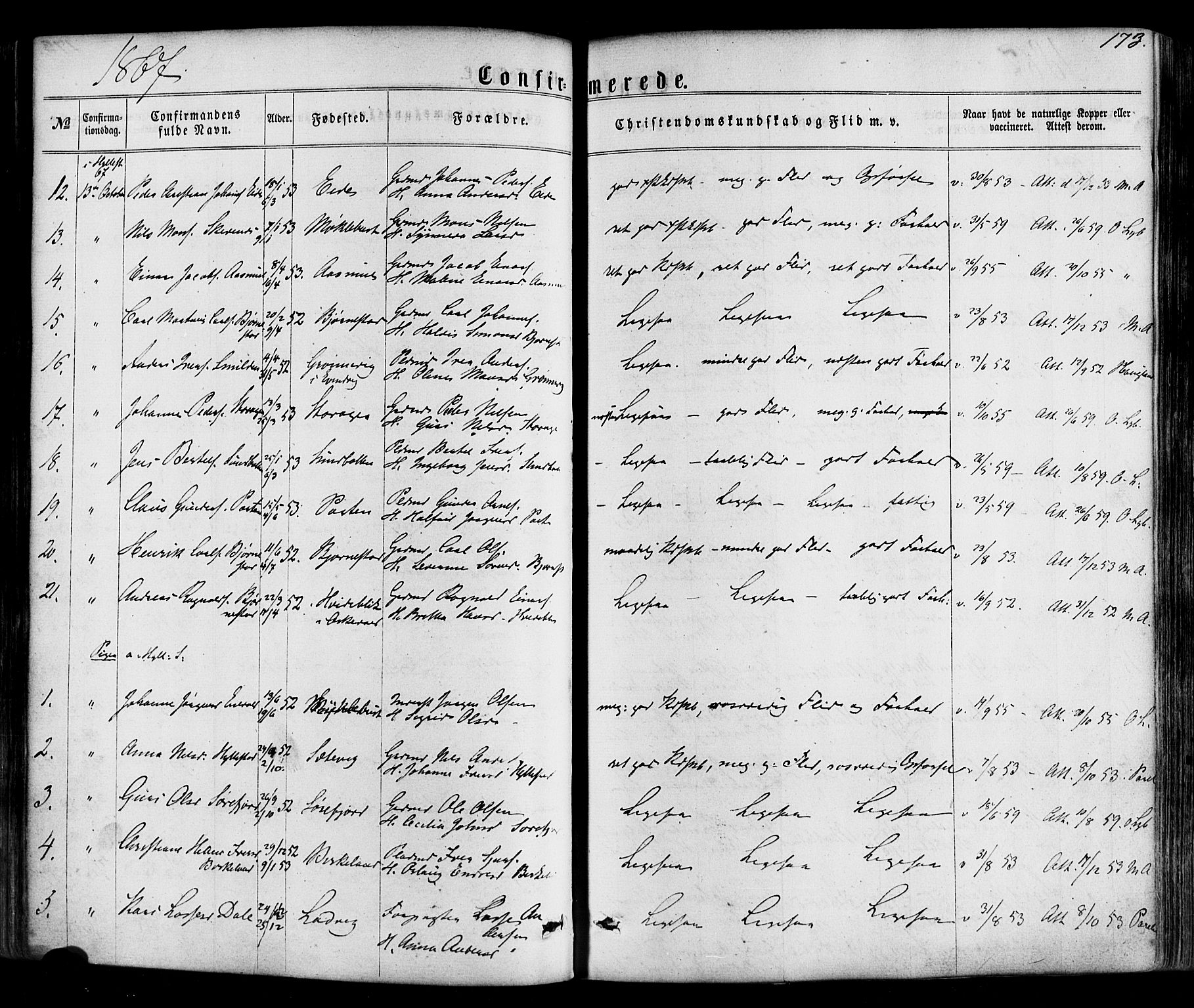 Hyllestad sokneprestembete, SAB/A-80401: Parish register (official) no. A 1, 1861-1886, p. 173