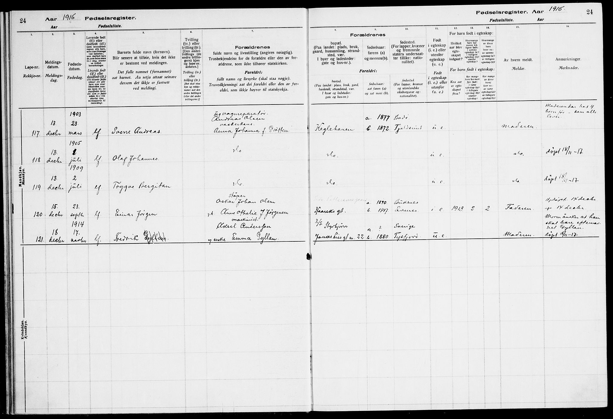 Ministerialprotokoller, klokkerbøker og fødselsregistre - Nordland, SAT/A-1459/871/L1013: Birth register no. 871.II.4.1, 1916-1924, p. 24