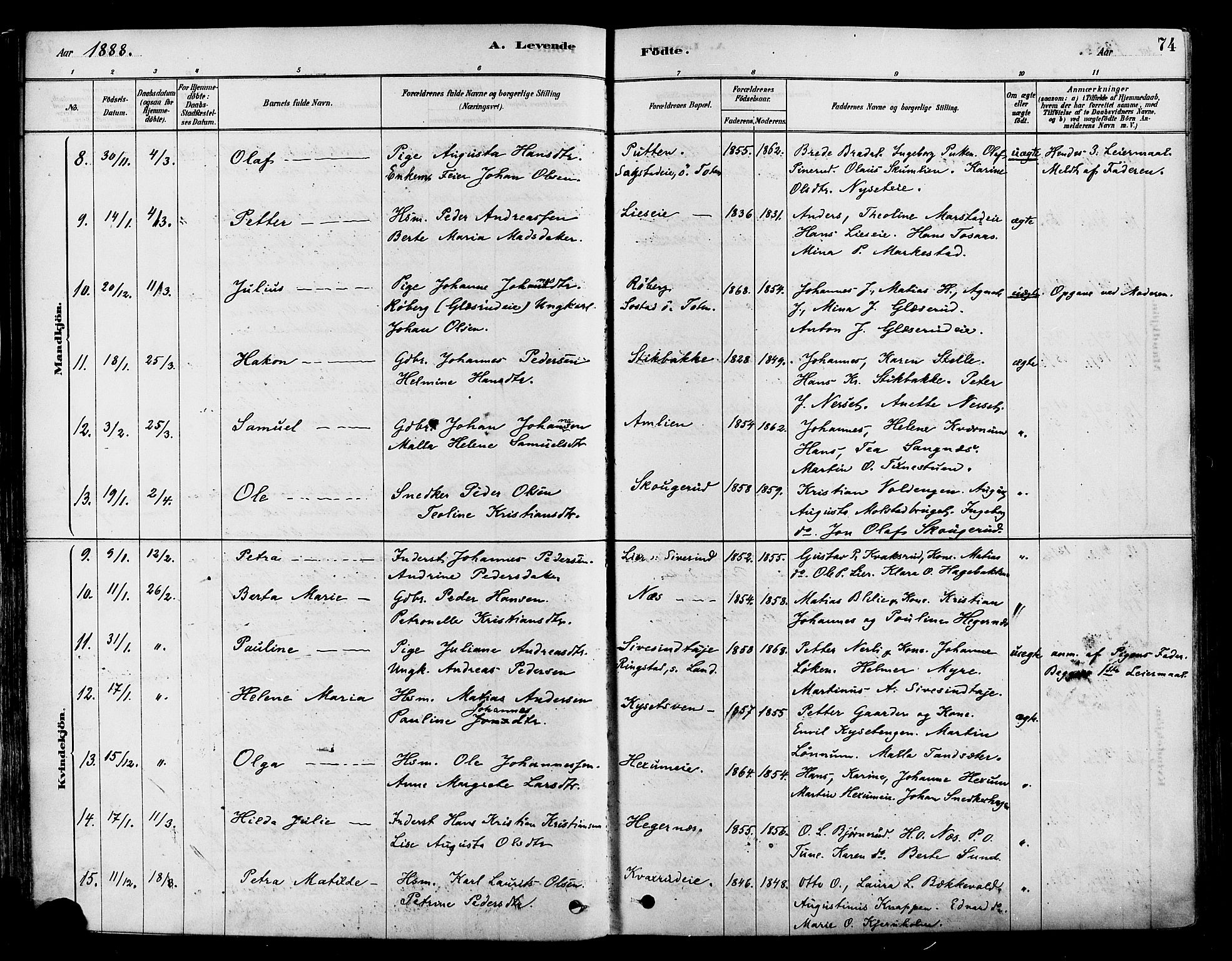 Vestre Toten prestekontor, SAH/PREST-108/H/Ha/Haa/L0009: Parish register (official) no. 9, 1878-1894, p. 74