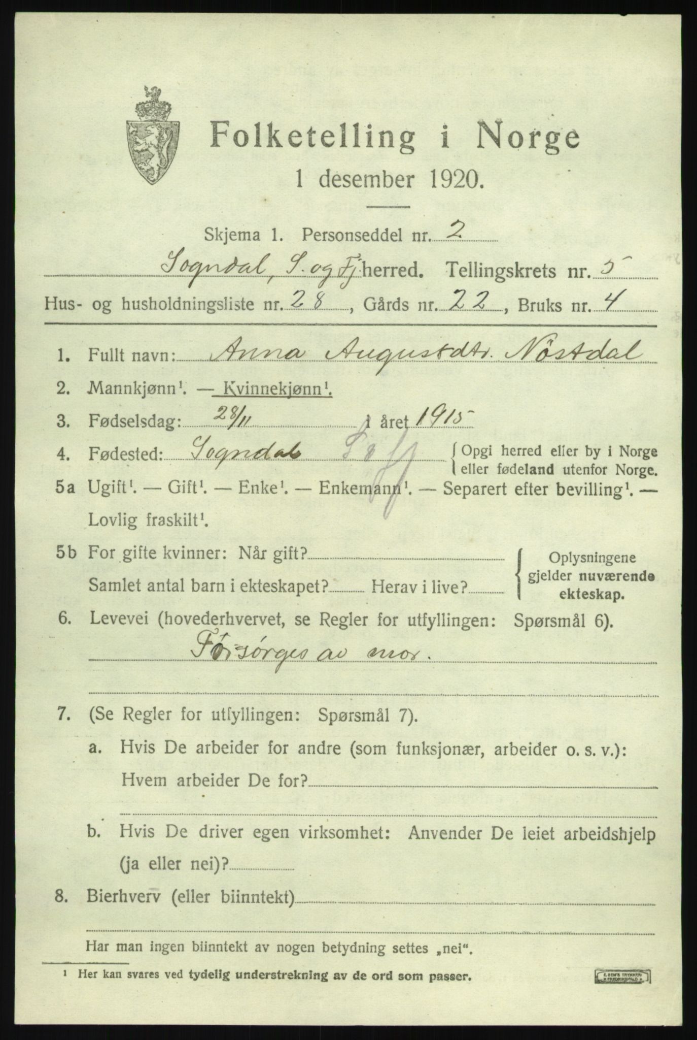 SAB, 1920 census for Sogndal, 1920, p. 2937