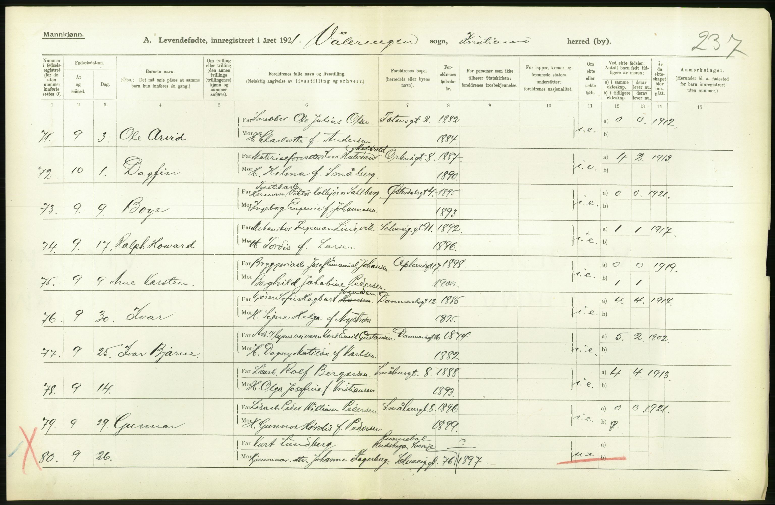 Statistisk sentralbyrå, Sosiodemografiske emner, Befolkning, RA/S-2228/D/Df/Dfc/Dfca/L0009: Kristiania: Levendefødte menn og kvinner., 1921, p. 178