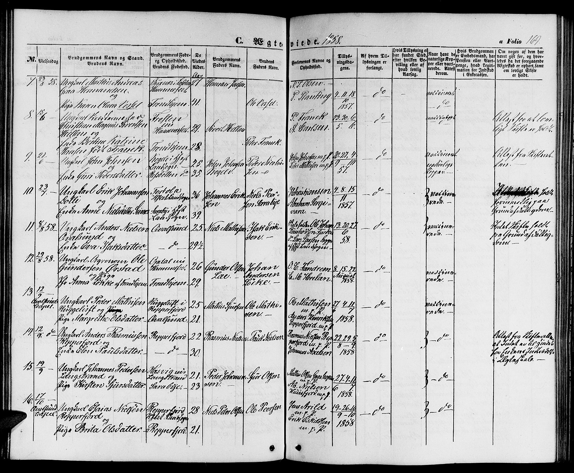 Hammerfest sokneprestkontor, AV/SATØ-S-1347/H/Hb/L0002.klokk: Parish register (copy) no. 2, 1851-1861, p. 169