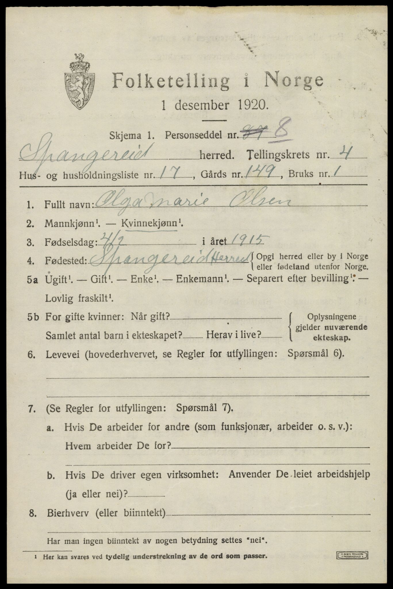 SAK, 1920 census for Spangereid, 1920, p. 1691