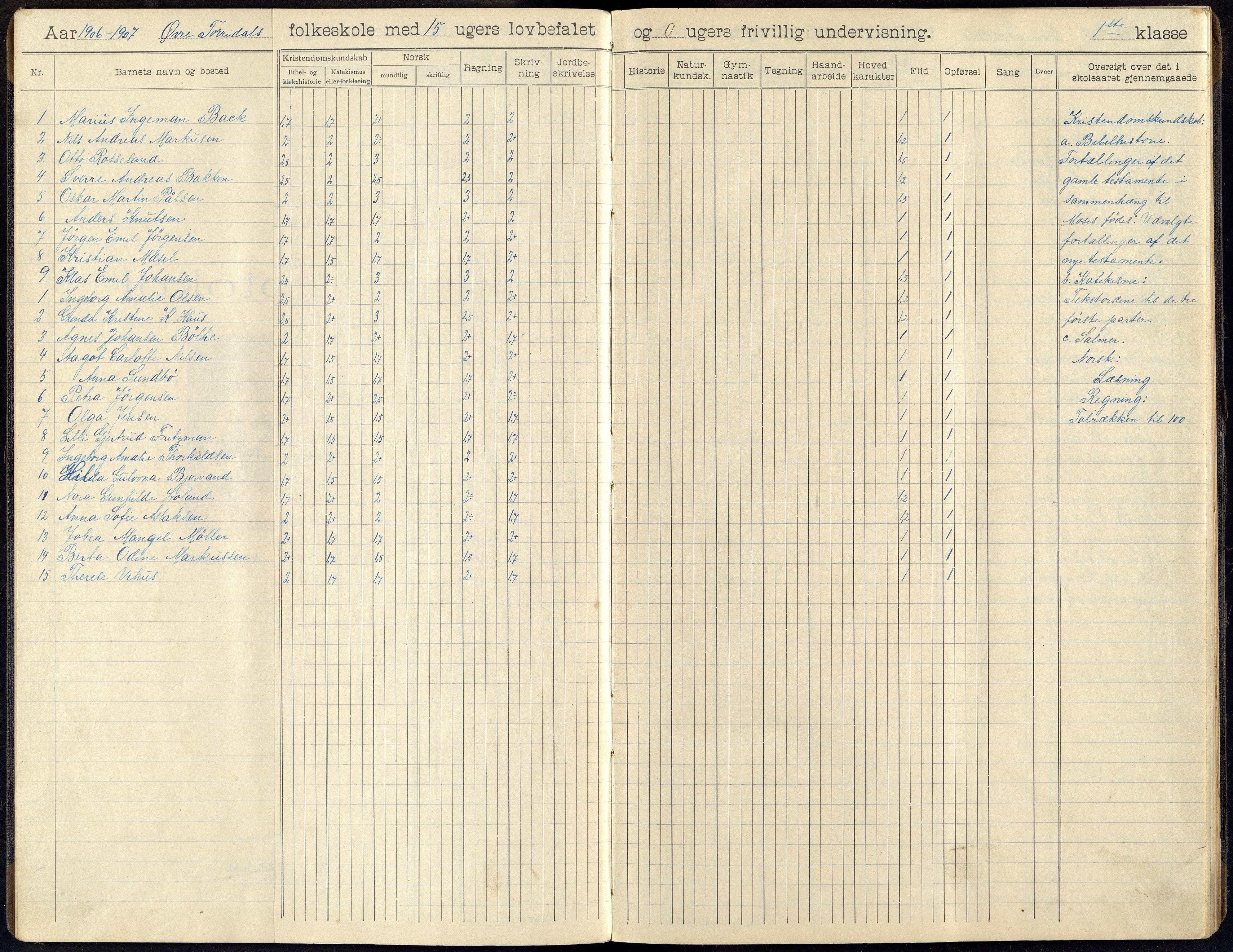 Oddernes kommune - Øvre Torridal skolekrets, ARKSOR/1001OD559/H/Ha/L0002: Skoleprotokoll, 1906-1919