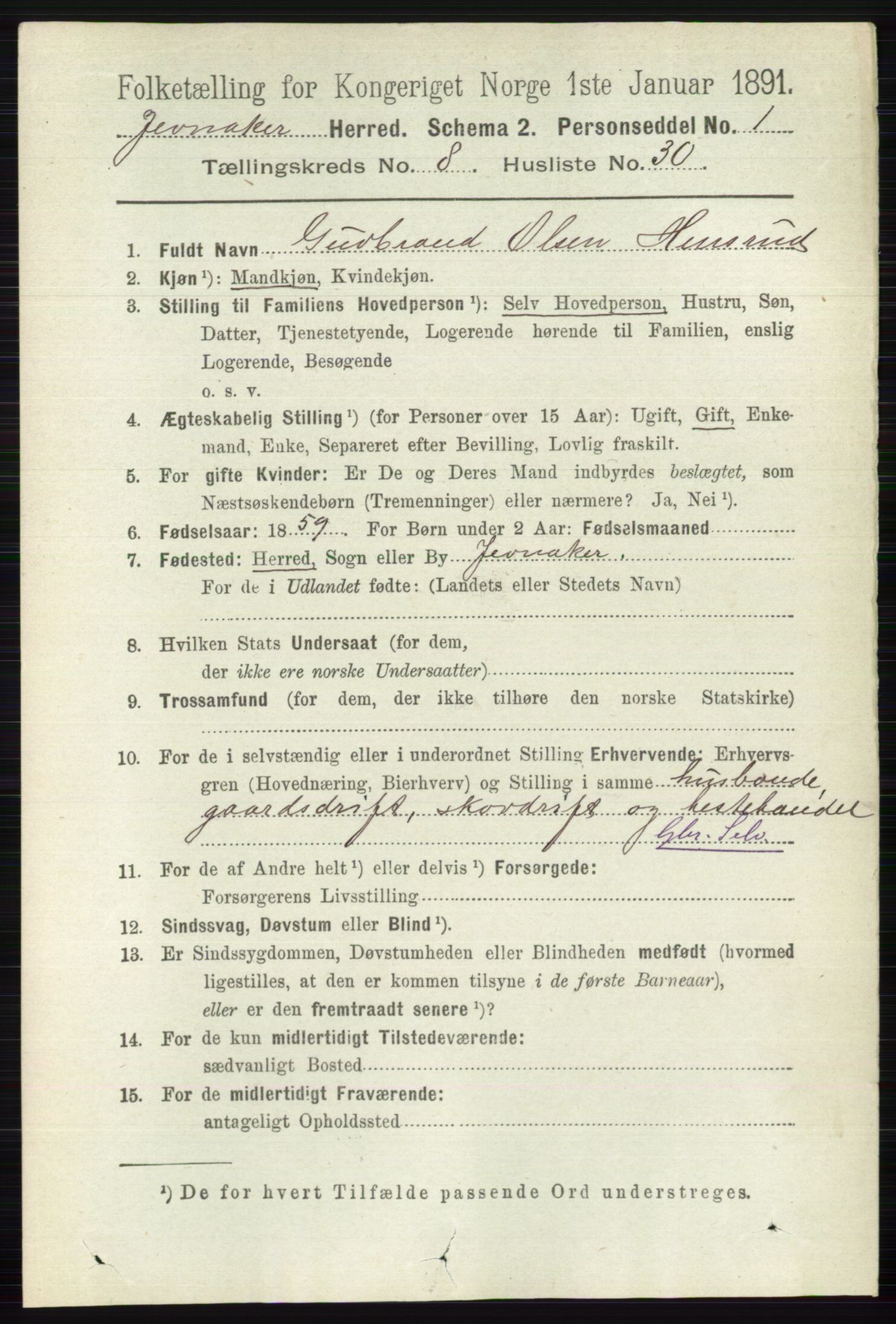 RA, 1891 census for 0532 Jevnaker, 1891, p. 4507