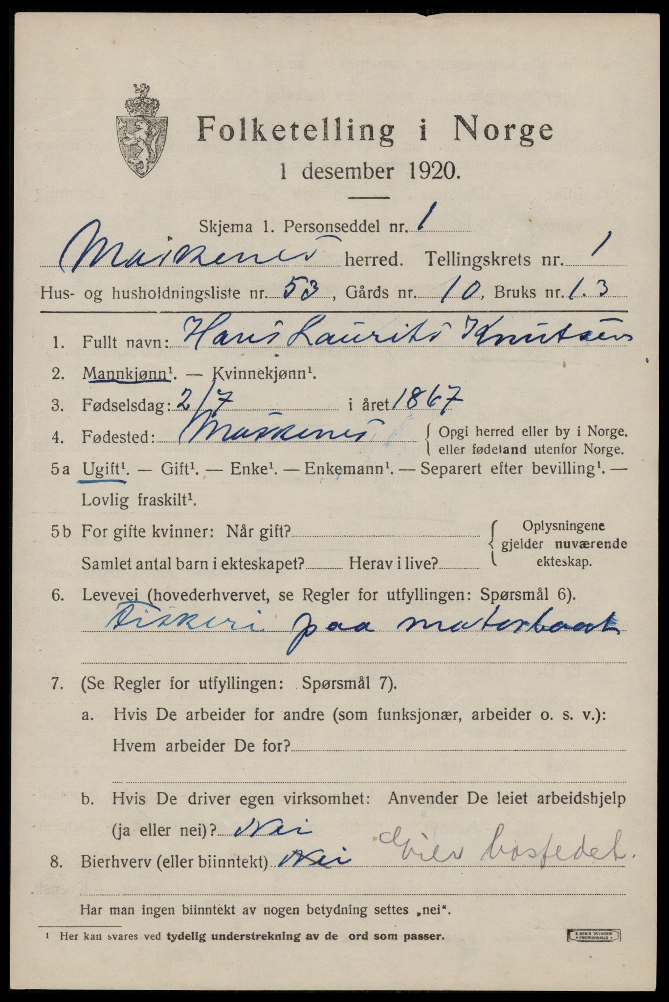 SAT, 1920 census for Moskenes, 1920, p. 1058