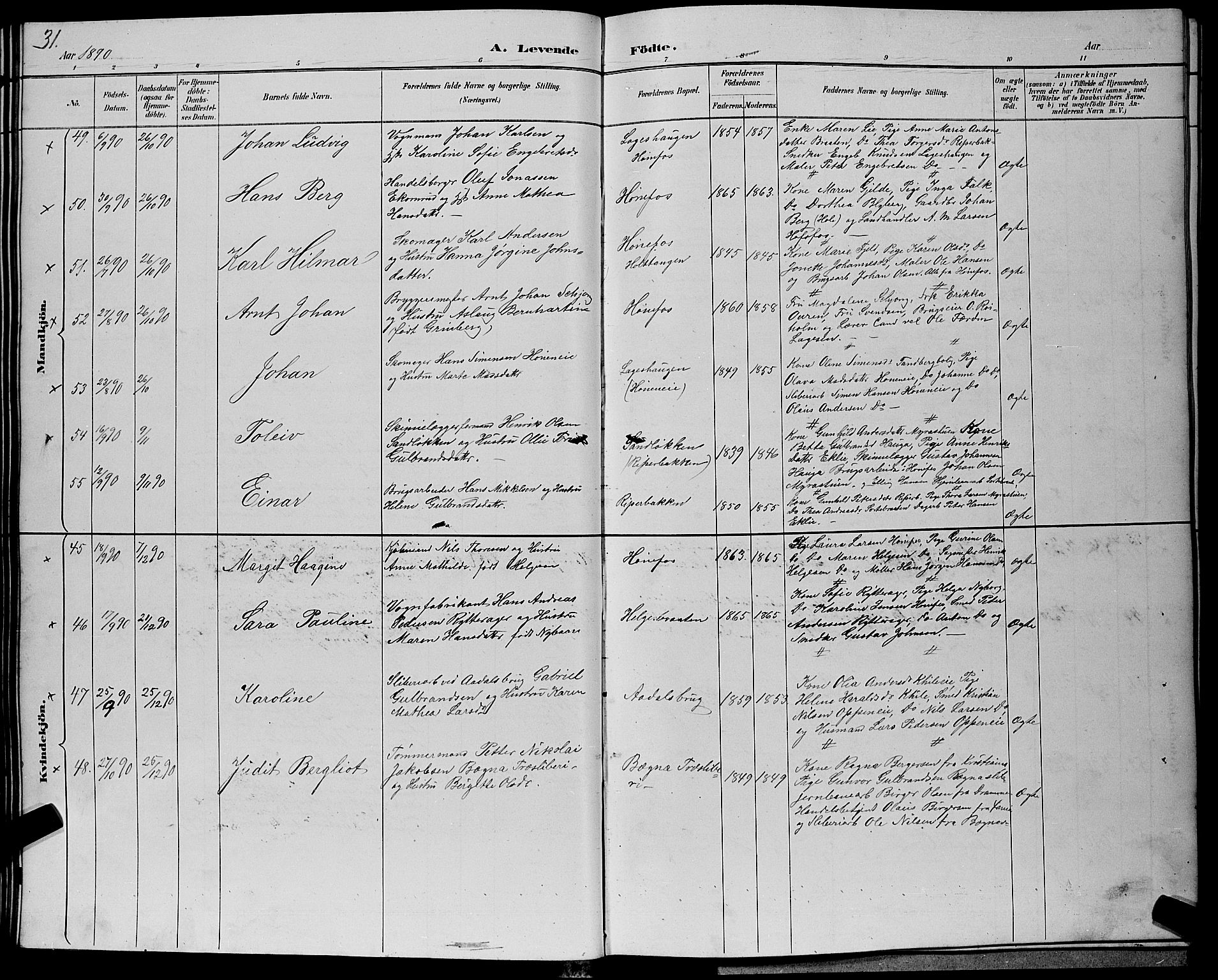 Hønefoss kirkebøker, SAKO/A-609/G/Ga/L0002: Parish register (copy) no. 2, 1888-1904, p. 31