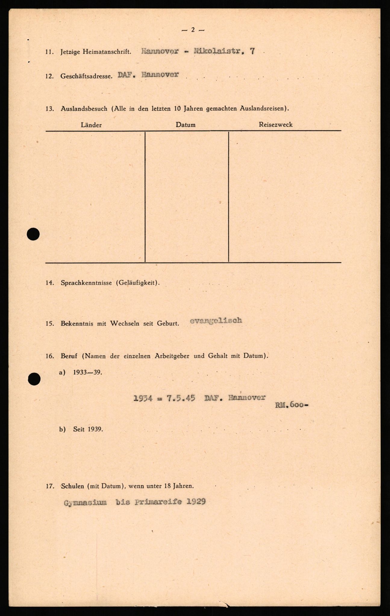 Forsvaret, Forsvarets overkommando II, RA/RAFA-3915/D/Db/L0027: CI Questionaires. Tyske okkupasjonsstyrker i Norge. Tyskere., 1945-1946, p. 46