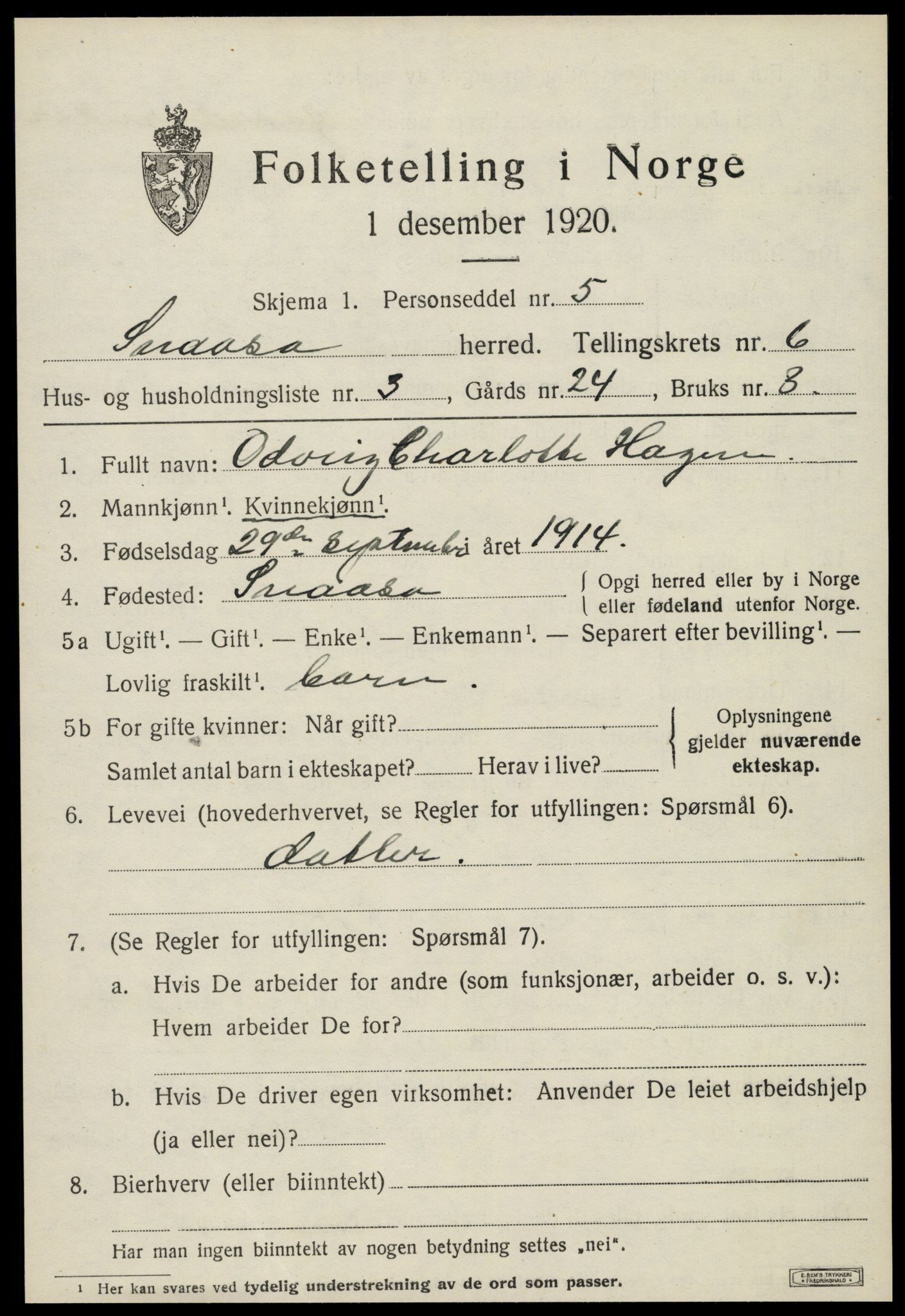 SAT, 1920 census for Snåsa, 1920, p. 2594