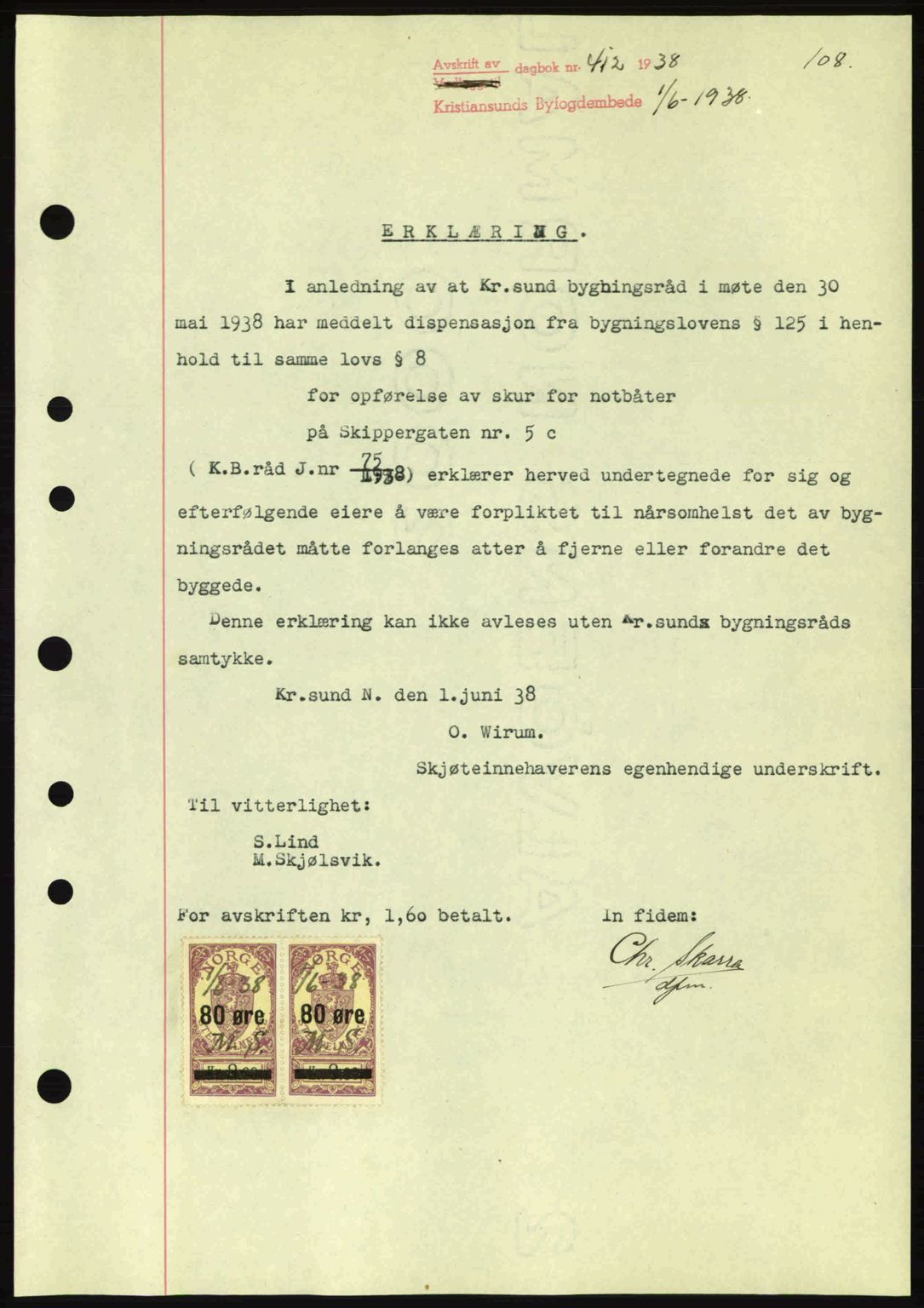 Kristiansund byfogd, SAT/A-4587/A/27: Mortgage book no. 31, 1938-1939, Diary no: : 412/1938