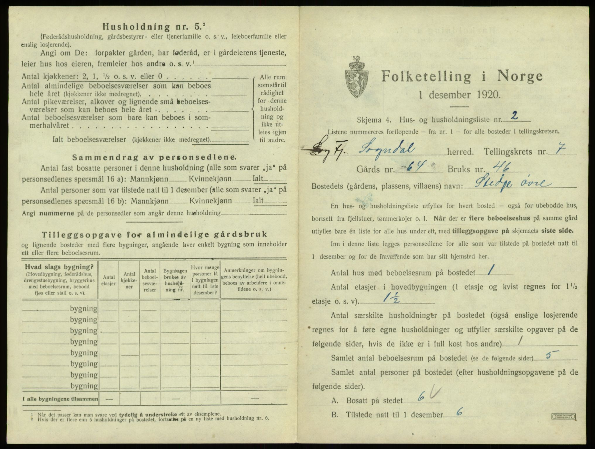 SAB, 1920 census for Sogndal, 1920, p. 395