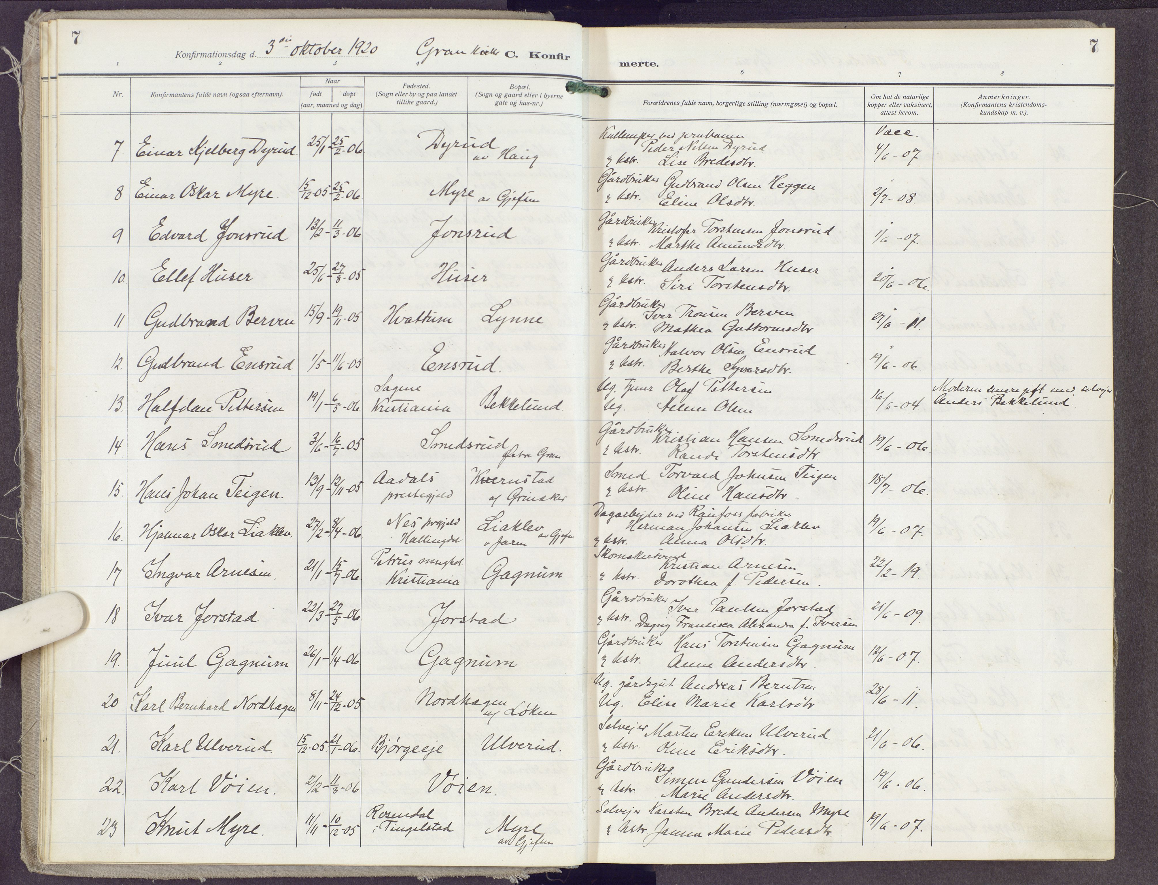Gran prestekontor, SAH/PREST-112/H/Ha/Haa/L0023: Parish register (official) no. 23, 1919-1938, p. 7