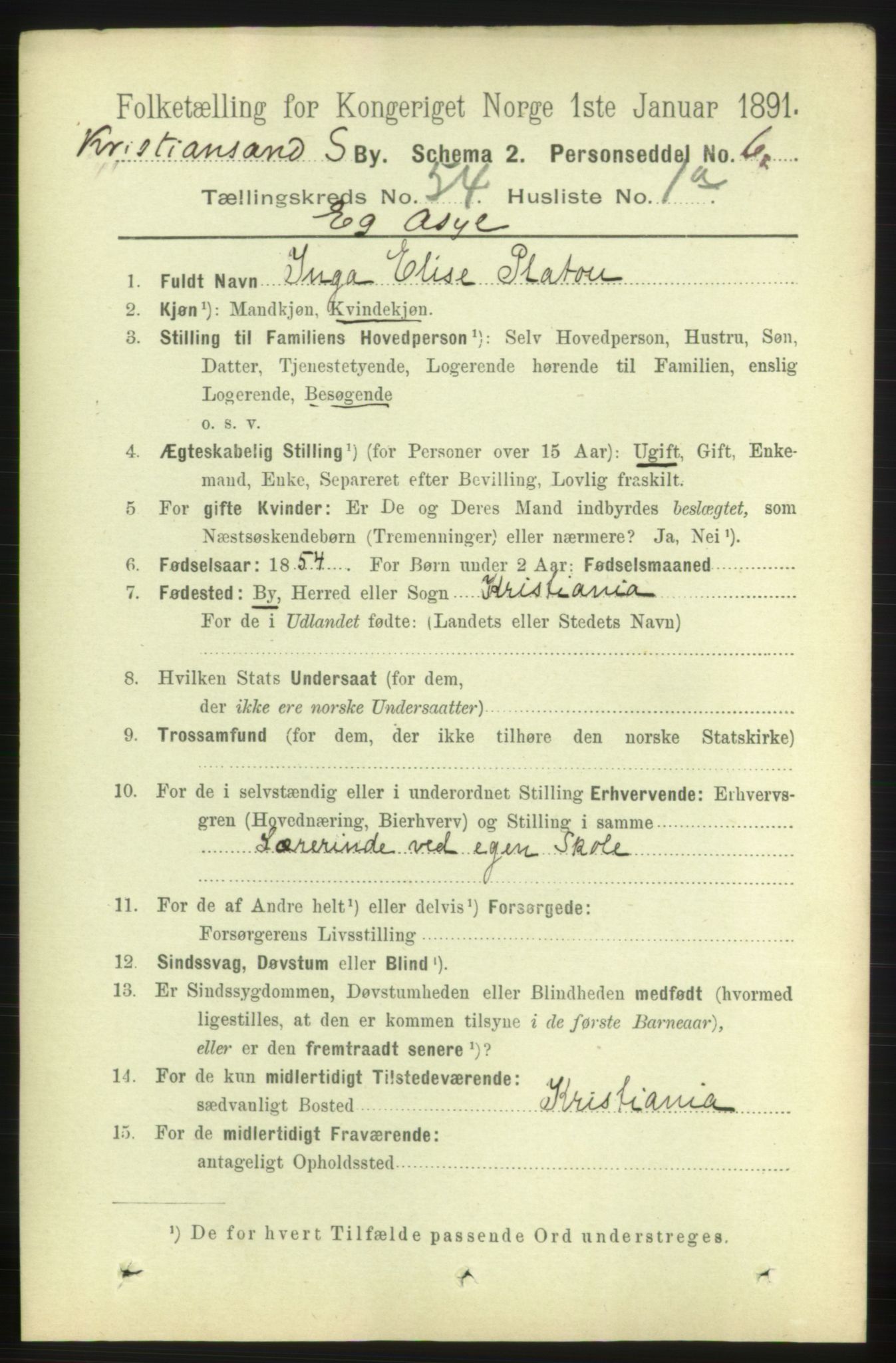 RA, 1891 census for 1001 Kristiansand, 1891, p. 15370