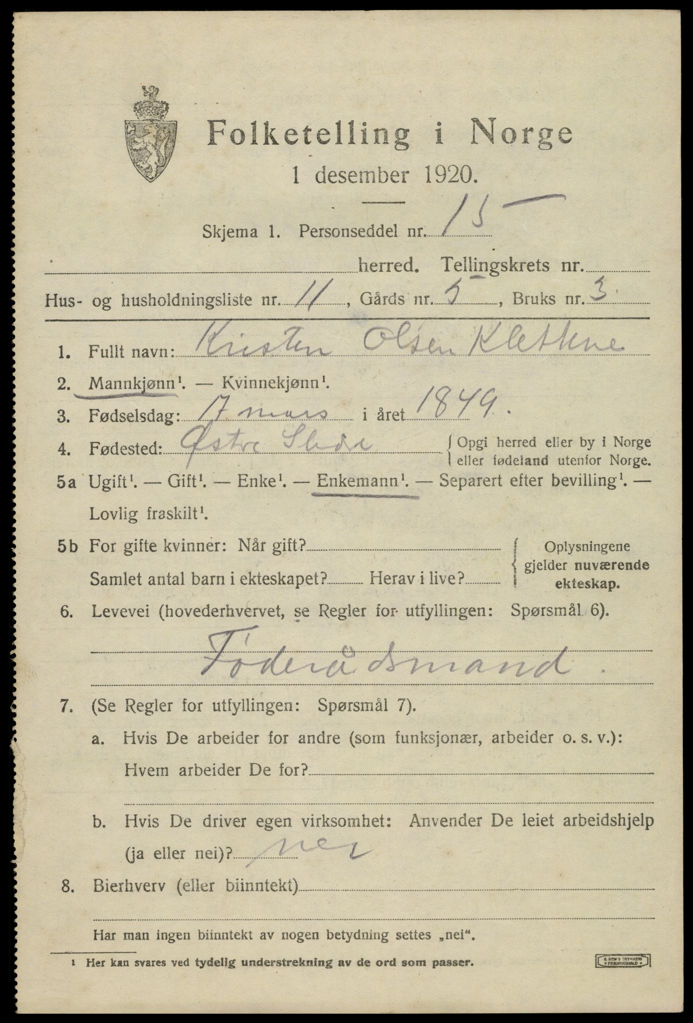 SAH, 1920 census for Nord-Aurdal, 1920, p. 2020