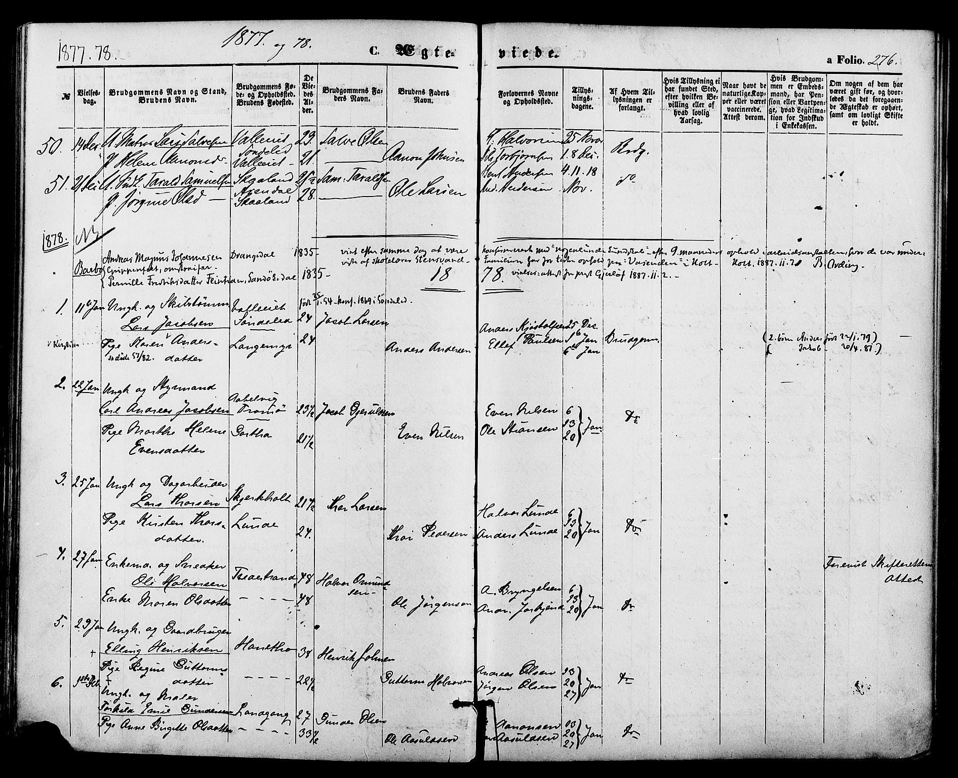 Holt sokneprestkontor, SAK/1111-0021/F/Fa/L0010: Parish register (official) no. A 10, 1872-1885, p. 276