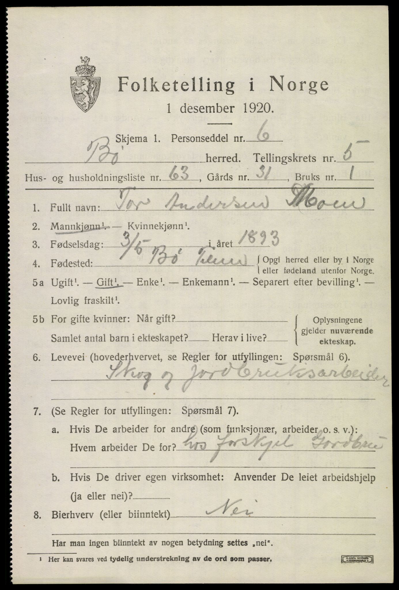 SAKO, 1920 census for Bø (Telemark), 1920, p. 4362