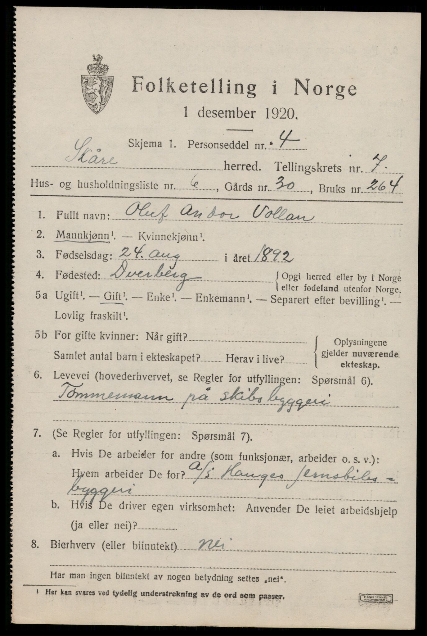 SAST, 1920 census for Skåre, 1920, p. 4808