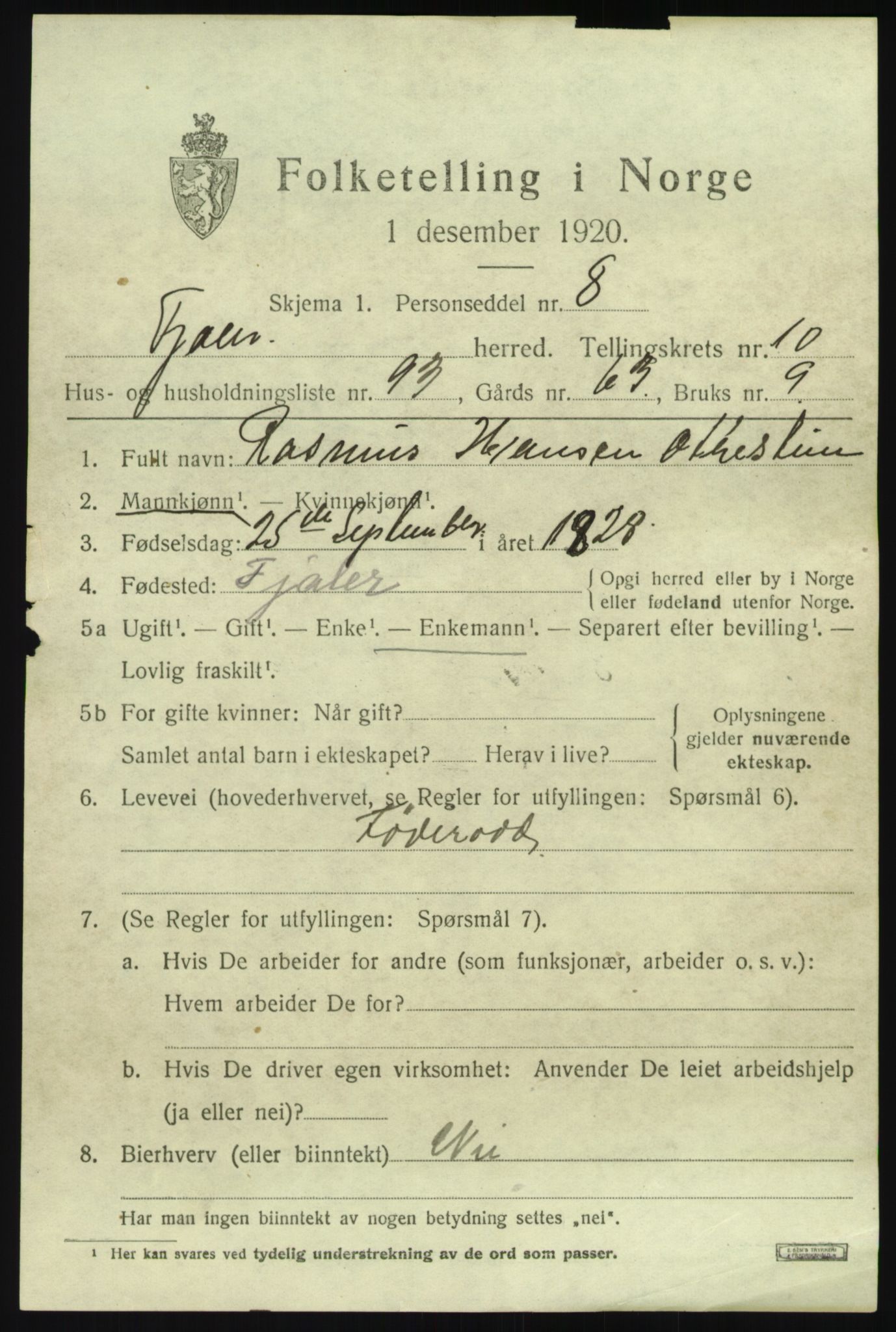 SAB, 1920 census for Fjaler, 1920, p. 6099