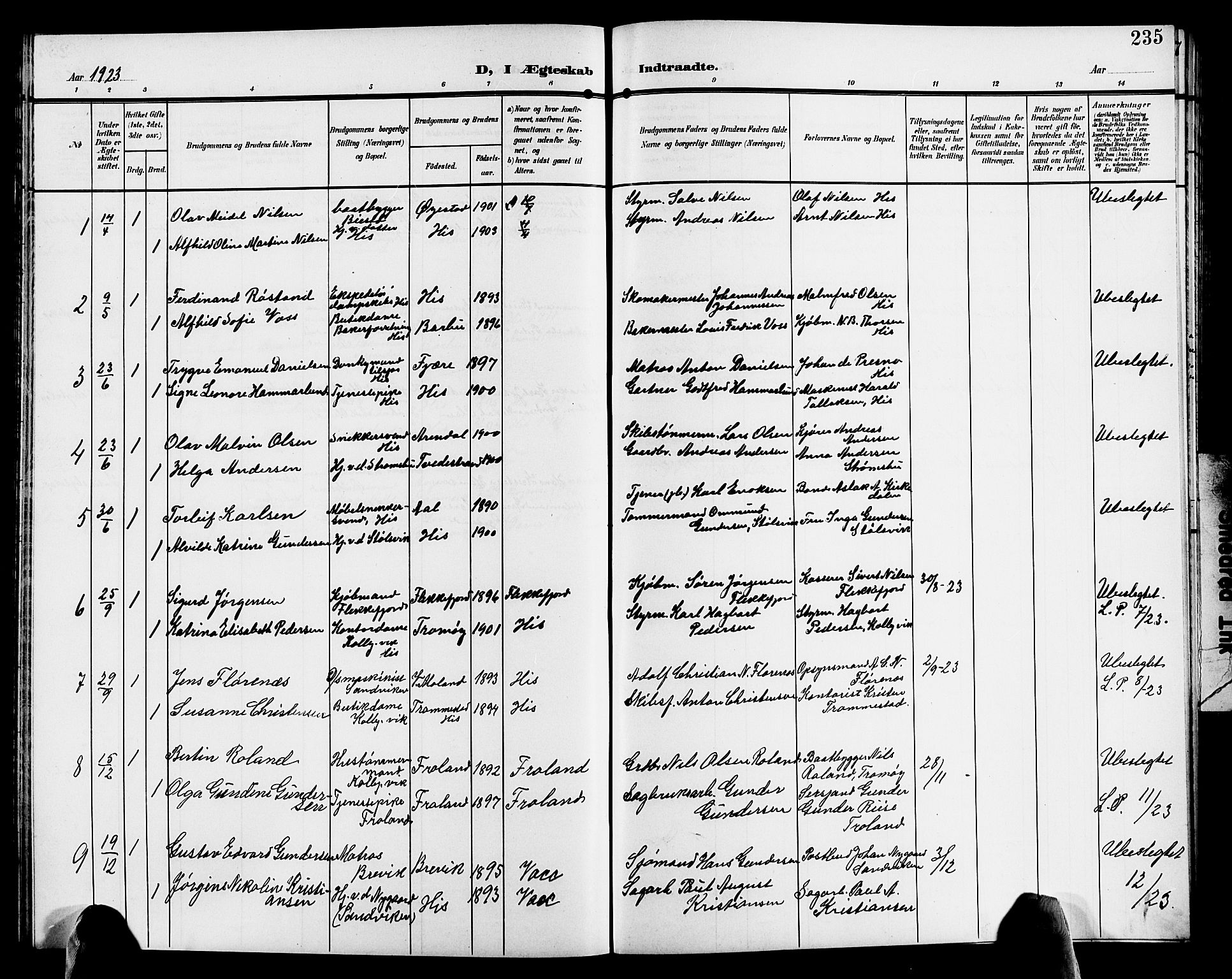 Hisøy sokneprestkontor, AV/SAK-1111-0020/F/Fb/L0004: Parish register (copy) no. B 4, 1905-1923, p. 235