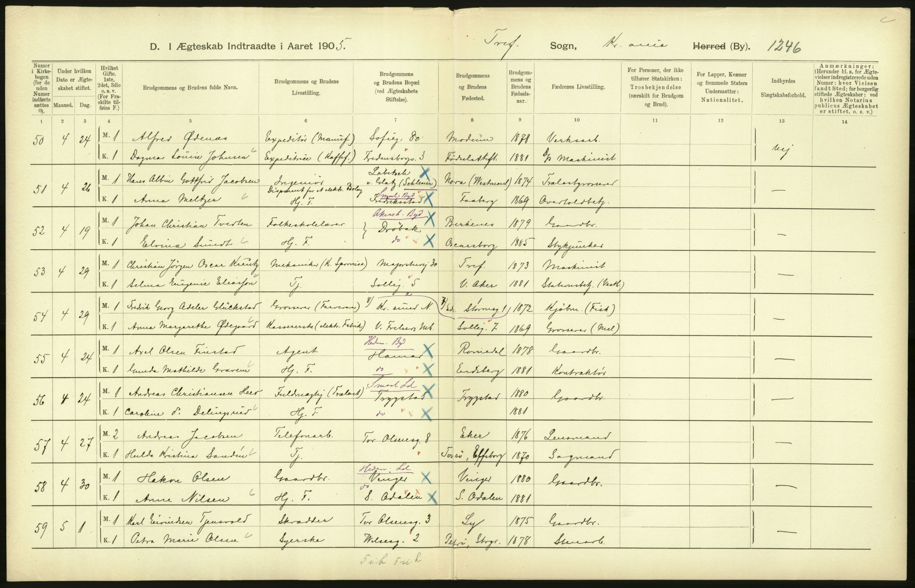 Statistisk sentralbyrå, Sosiodemografiske emner, Befolkning, AV/RA-S-2228/D/Df/Dfa/Dfac/L0007b: Kristiania: Gifte, 1905, p. 246