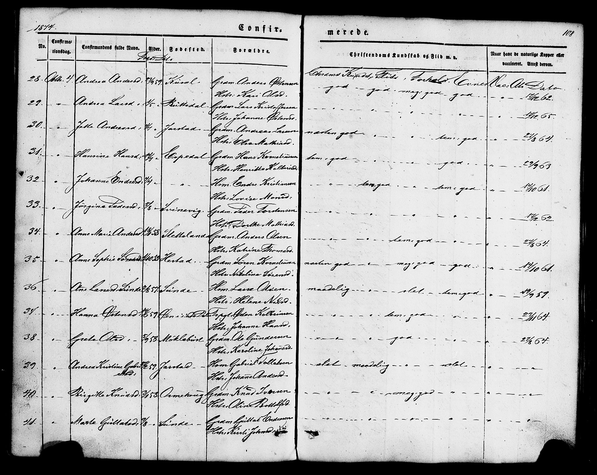 Fjaler sokneprestembete, AV/SAB-A-79801/H/Haa/Haaa/L0008: Parish register (official) no. A 8, 1850-1886, p. 108