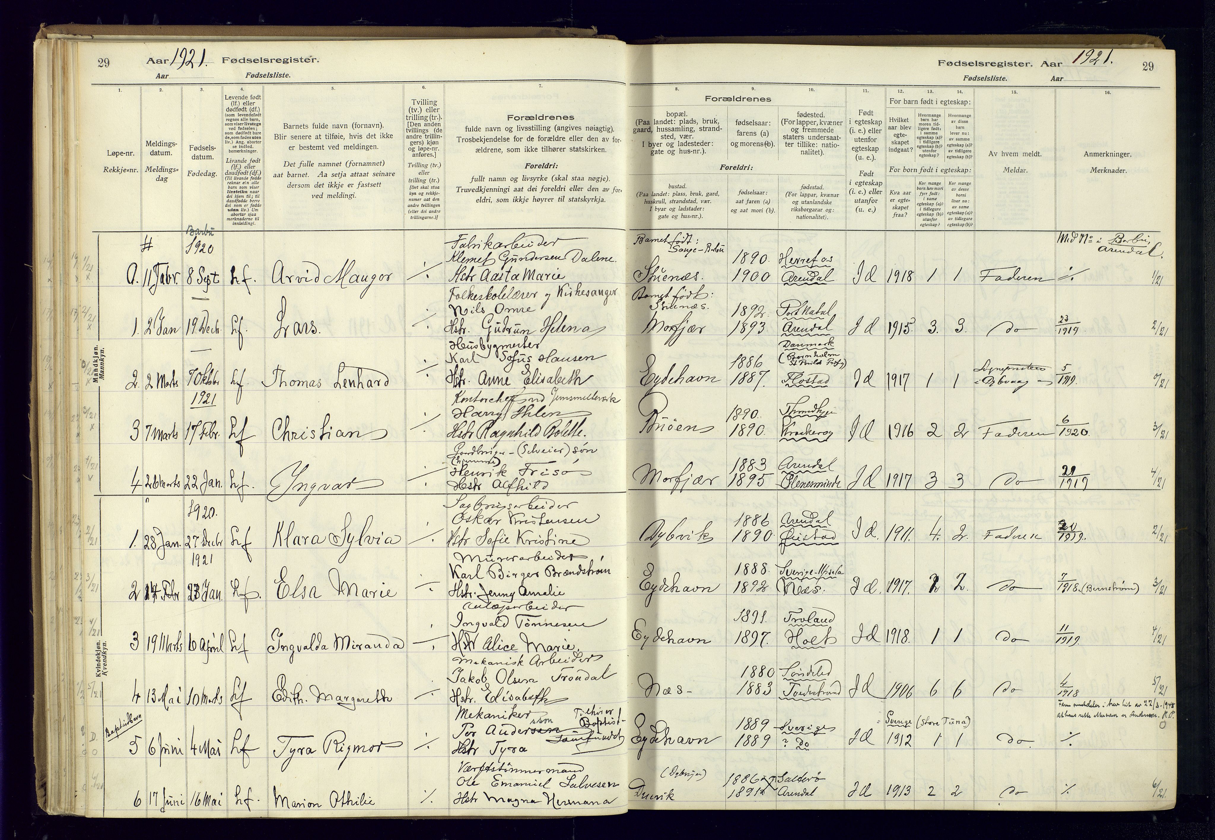 Austre Moland sokneprestkontor, SAK/1111-0001/J/Ja/L0003: Birth register no. A-VI-27, 1916-1950, p. 29