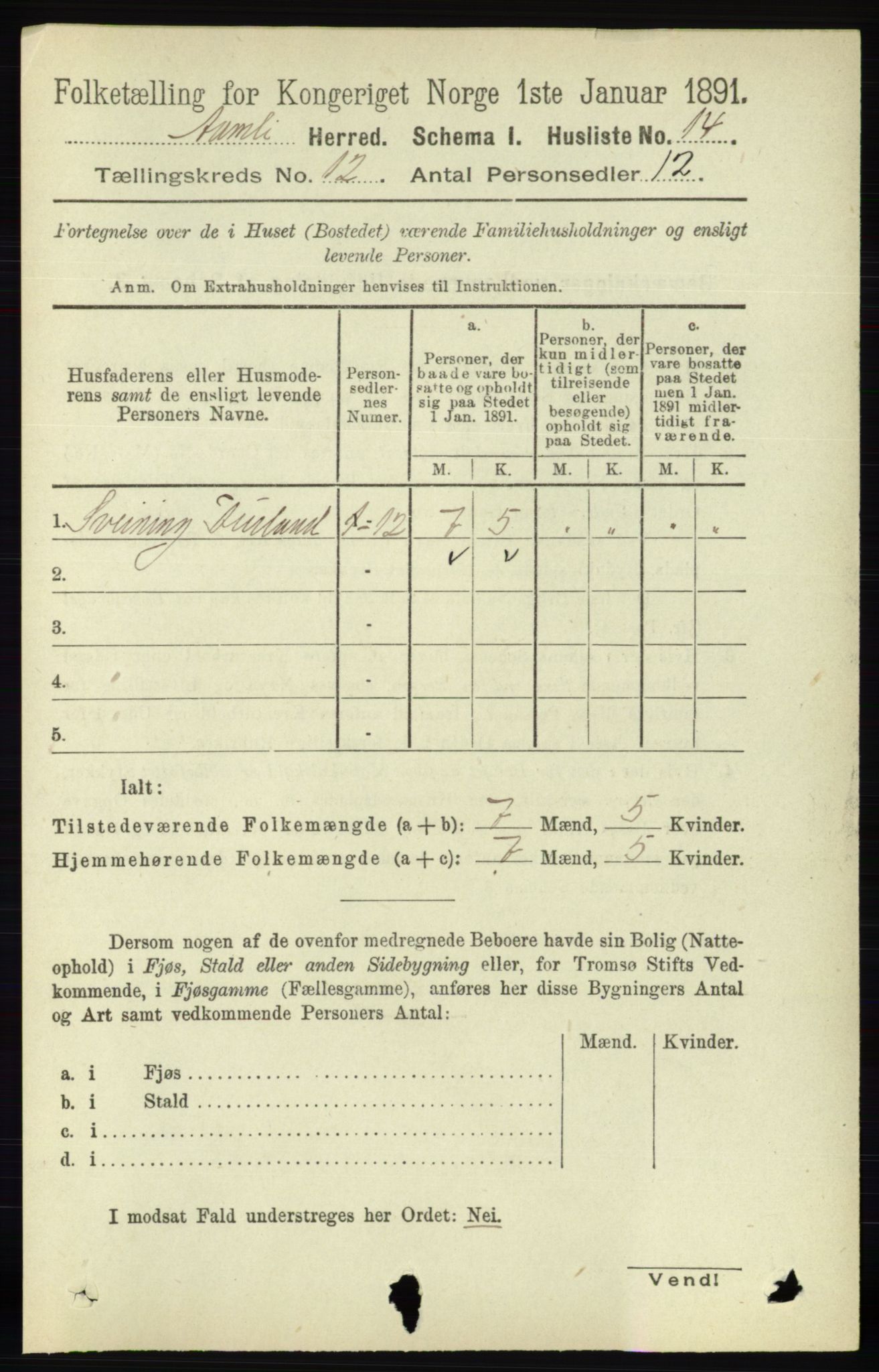 RA, 1891 census for 0929 Åmli, 1891, p. 2032