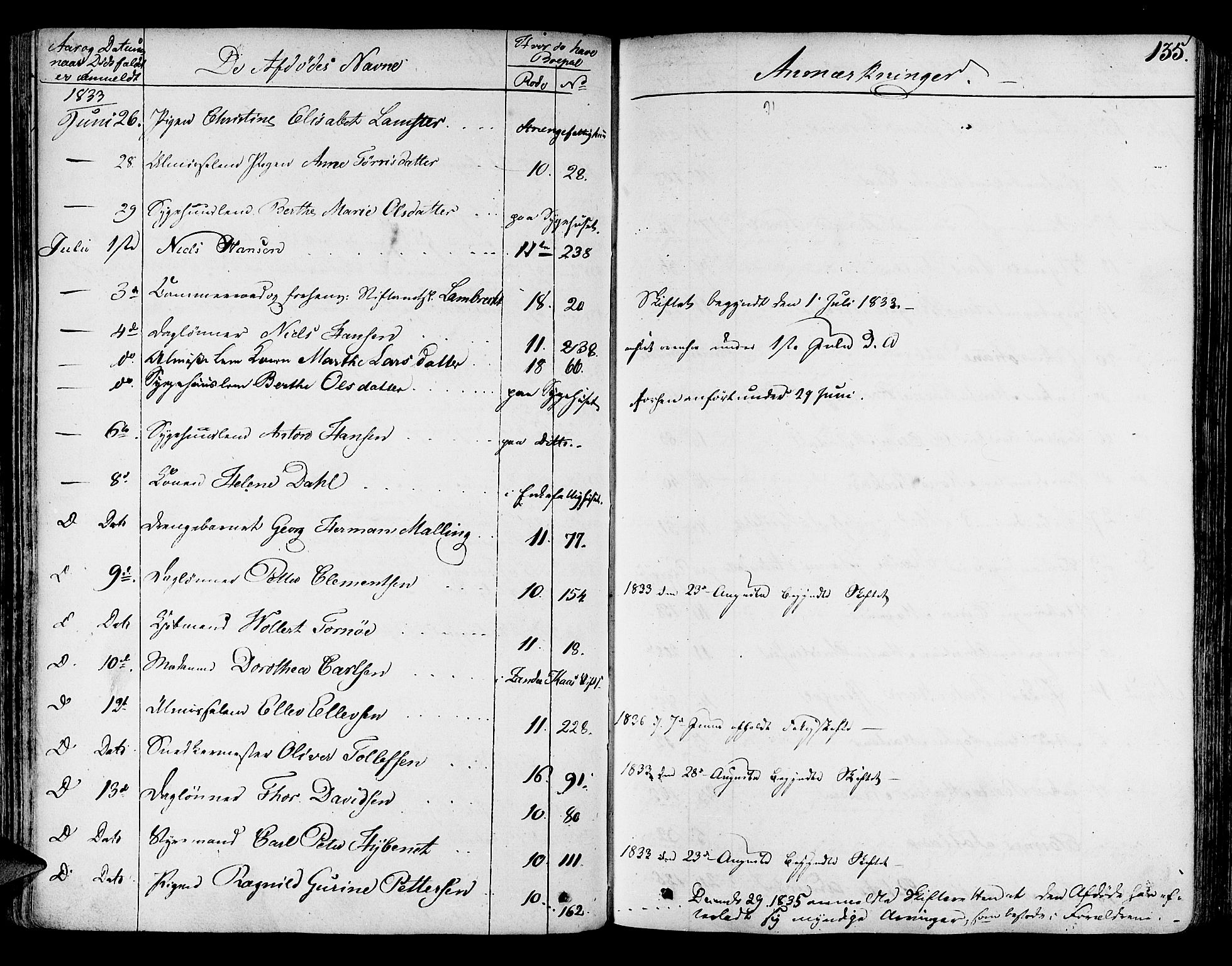 Byfogd og Byskriver i Bergen, AV/SAB-A-3401/06/06Na/L0001: Dødsfallsjournaler, 1821-1847, p. 134b-135a