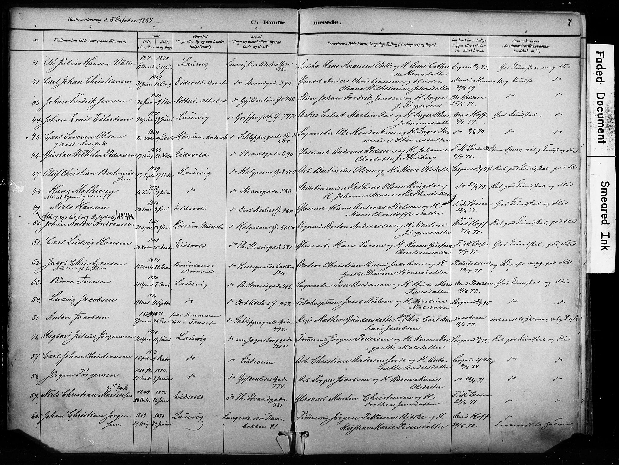 Larvik kirkebøker, AV/SAKO-A-352/F/Fa/L0008: Parish register (official) no. I 8, 1884-1902, p. 7