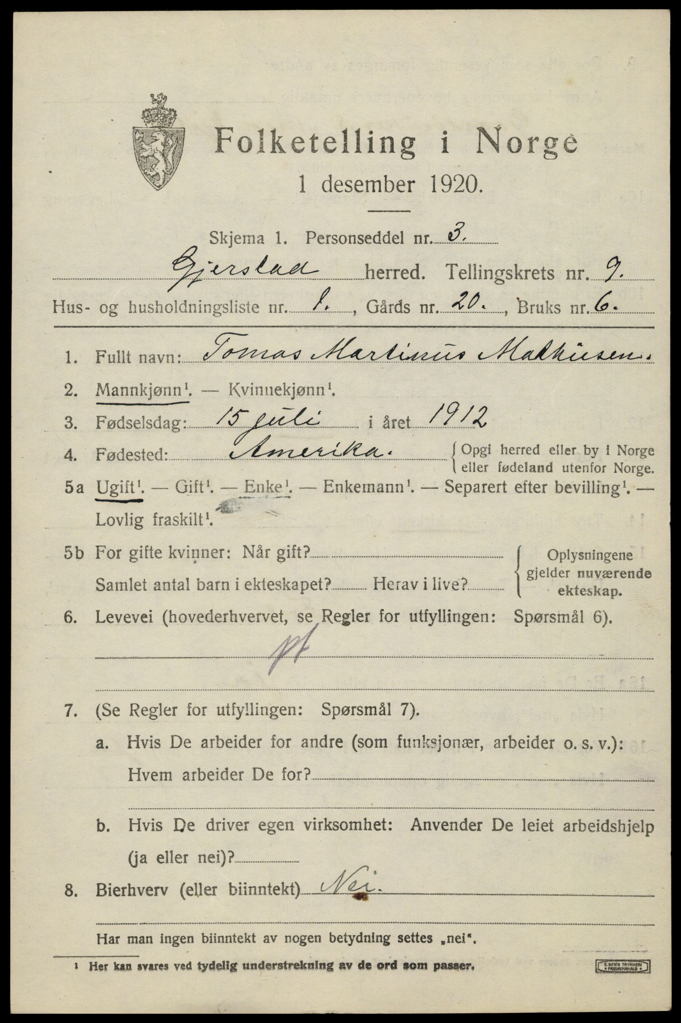 SAK, 1920 census for Gjerstad, 1920, p. 5743