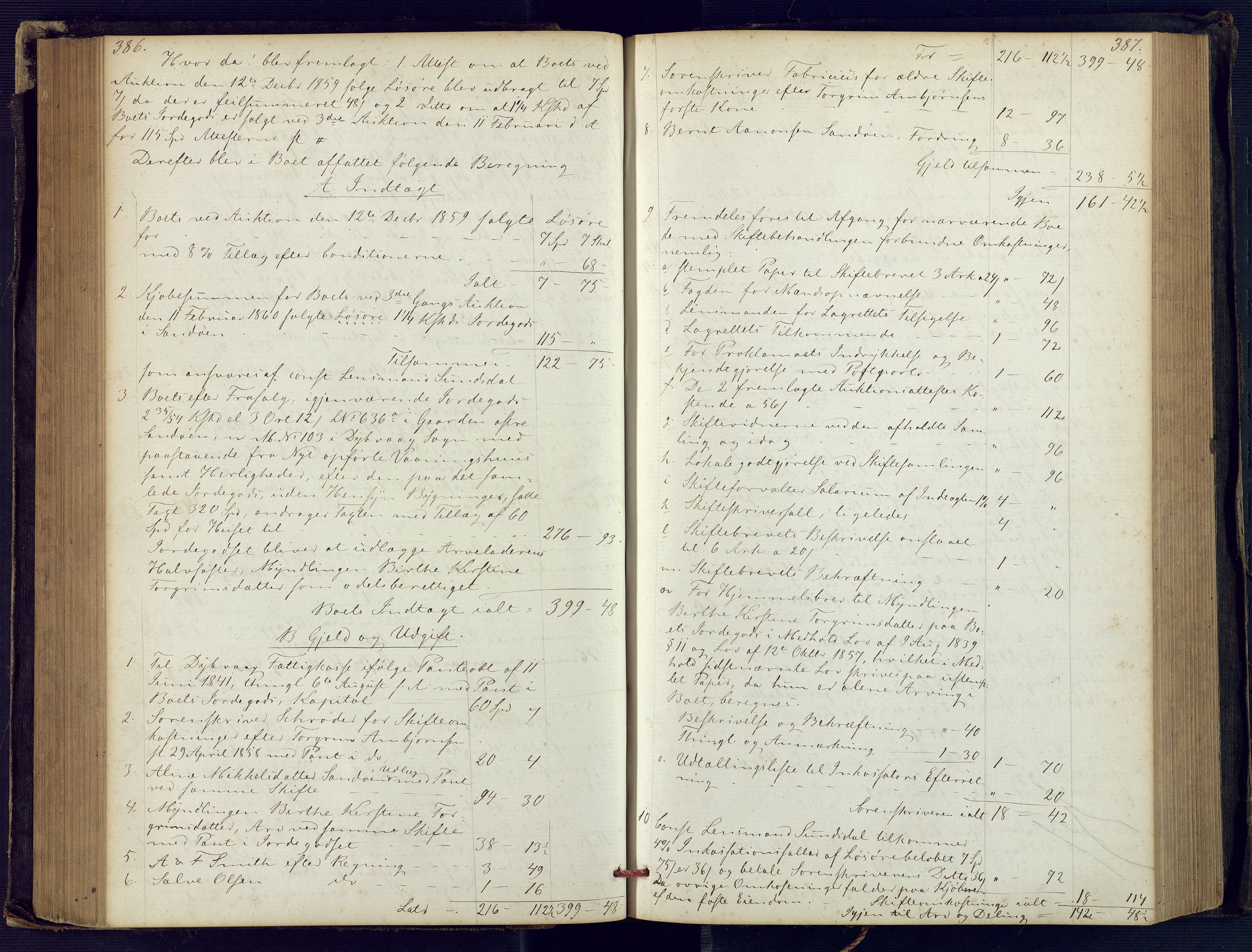 Holt sorenskriveri, SAK/1221-0002/H/Hc/L0029: Skifteutlodningsprotokoll nr. 4 med løst register, 1857-1862, p. 386-387