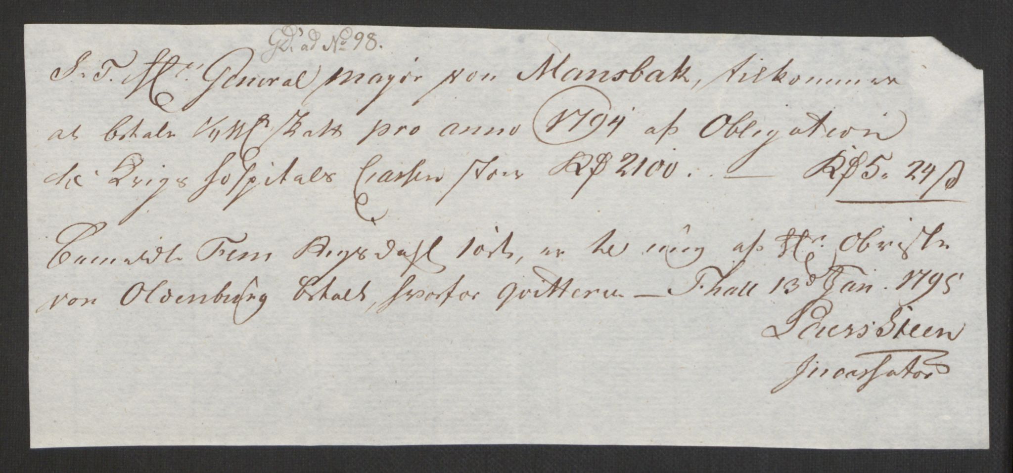 Forsvaret, Den norske kvesthuskasse/krigshospitalkasse, AV/RA-RAFA-1887/F/Fa/L0017: Innkomne brev:, 1782-1807, p. 263