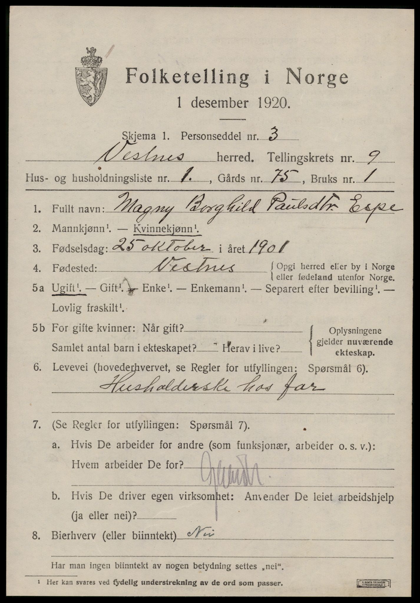 SAT, 1920 census for Vestnes, 1920, p. 5973