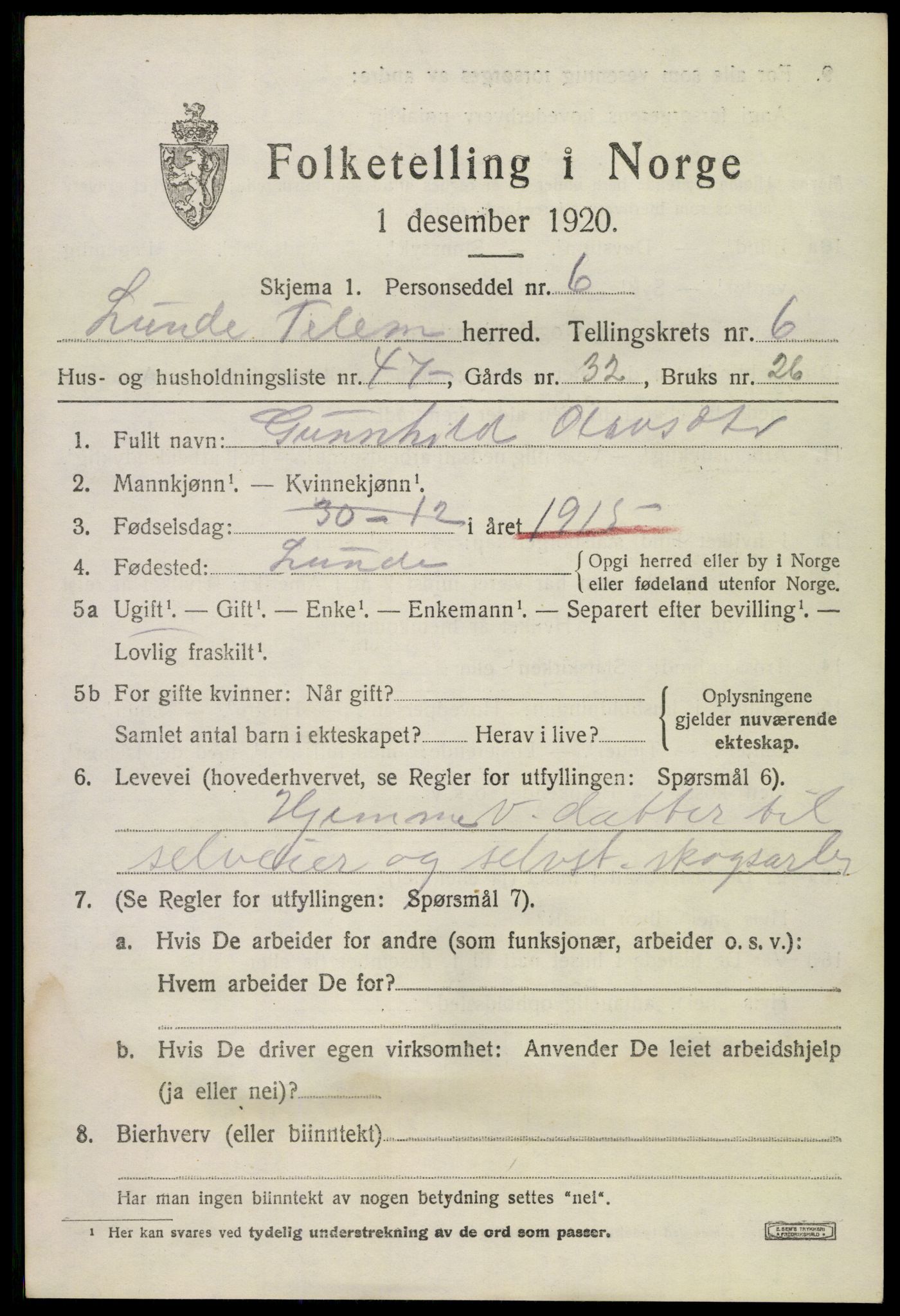 SAKO, 1920 census for Lunde, 1920, p. 4823