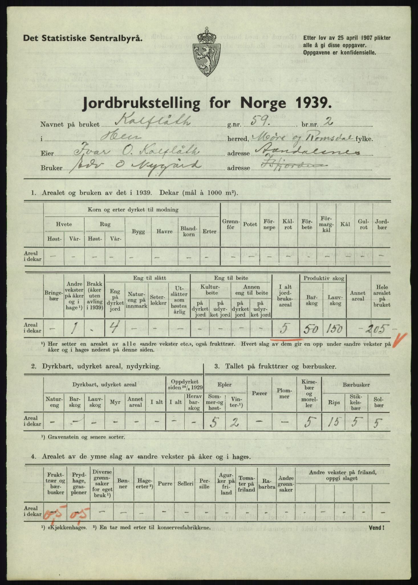 Statistisk sentralbyrå, Næringsøkonomiske emner, Jordbruk, skogbruk, jakt, fiske og fangst, AV/RA-S-2234/G/Gb/L0251: Møre og Romsdal: Voll, Eid, Grytten og Hen, 1939, p. 1059