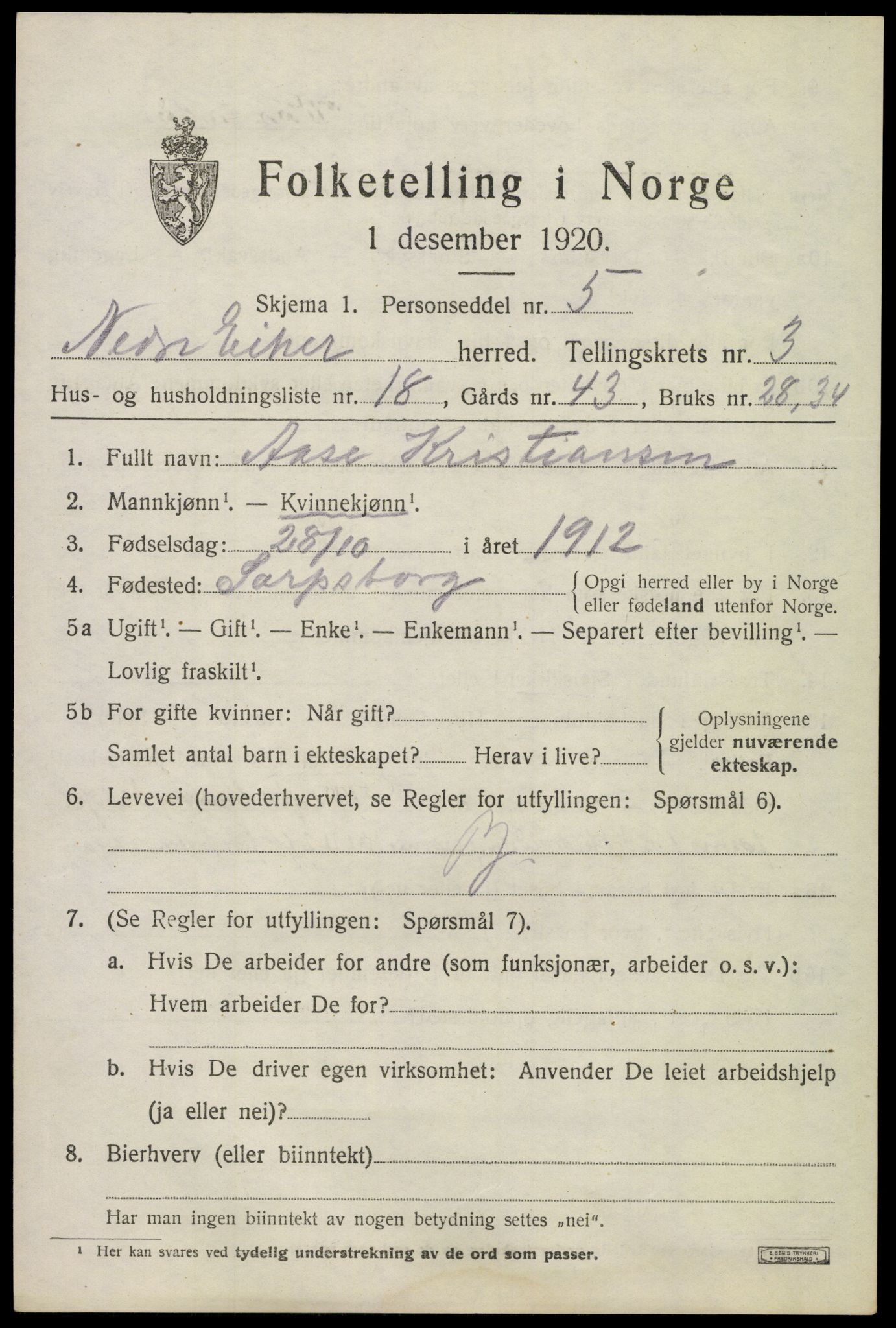 SAKO, 1920 census for Nedre Eiker, 1920, p. 4507