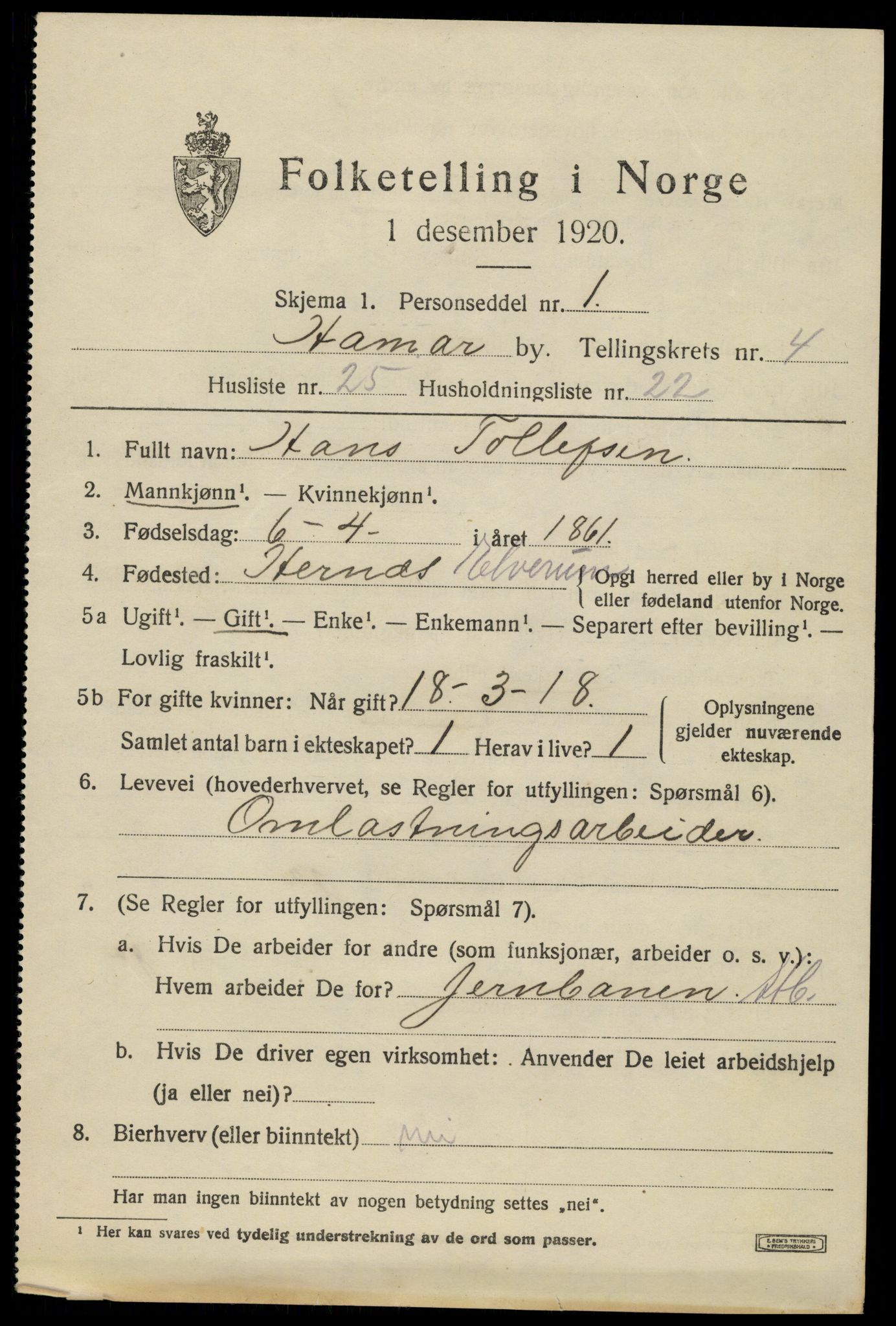 SAH, 1920 census for Hamar, 1920, p. 9047