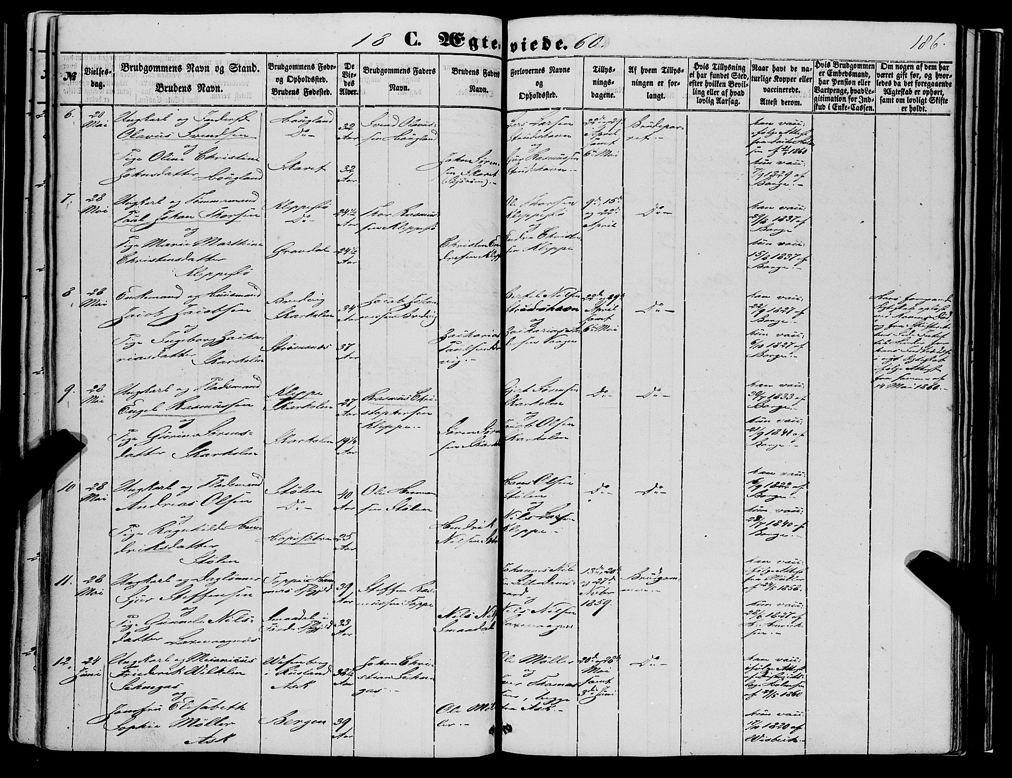 Askøy Sokneprestembete, AV/SAB-A-74101/H/Ha/Haa/Haaa/L0008: Parish register (official) no. A 8, 1852-1862, p. 186