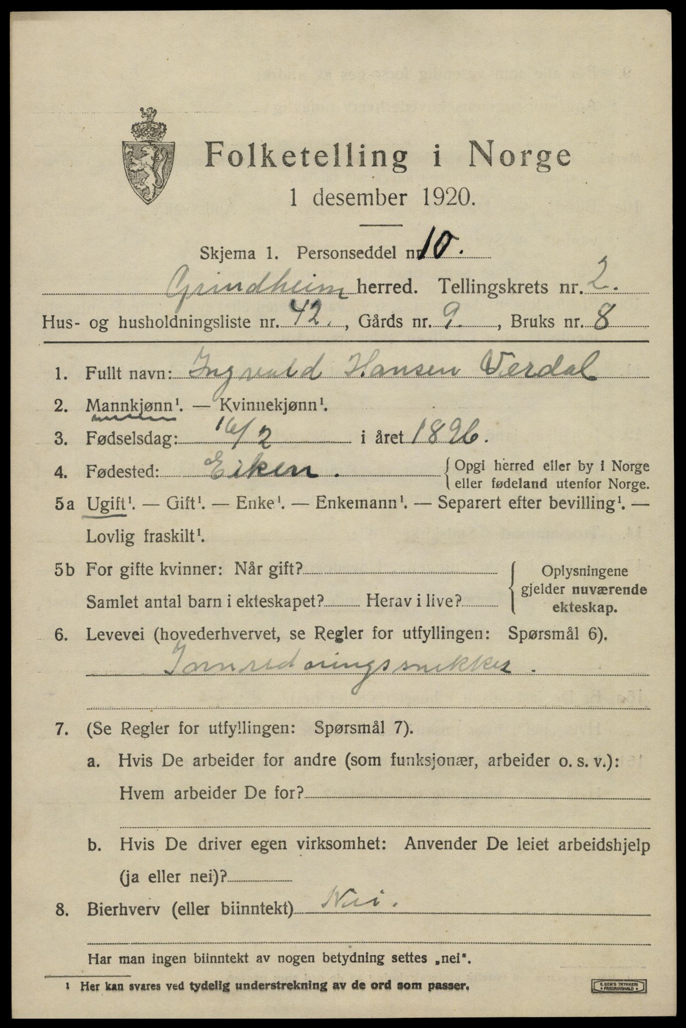 SAK, 1920 census for Grindheim, 1920, p. 887